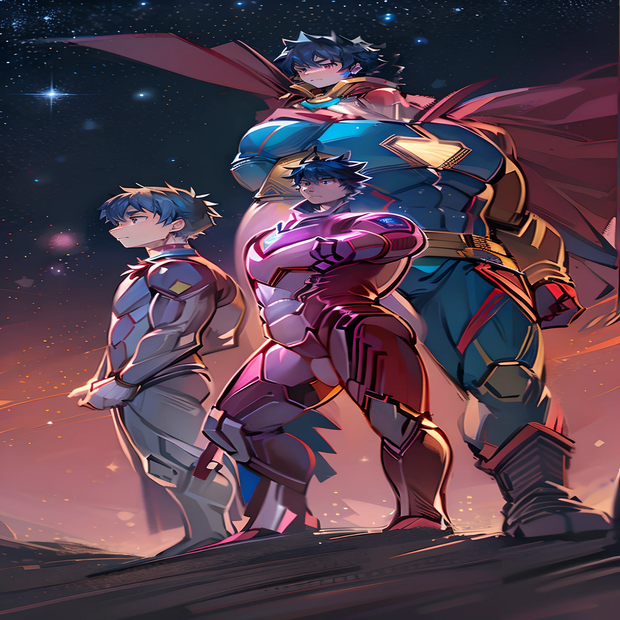 Three people,Iron Man、over-Tortoise Man,cool guy,They are all handsome,They are all cloaked in stealth,They all wear armor,They all have arms,Faced,(Iron Man 1: He has blue hair and bangs),(Superman 2: He has short handsome black hair),(Handsome 3 black medium bangs hair),Standing on a planet,the night,The starry sky presents a beautiful scene of pink purple,The atmosphere is beautiful,