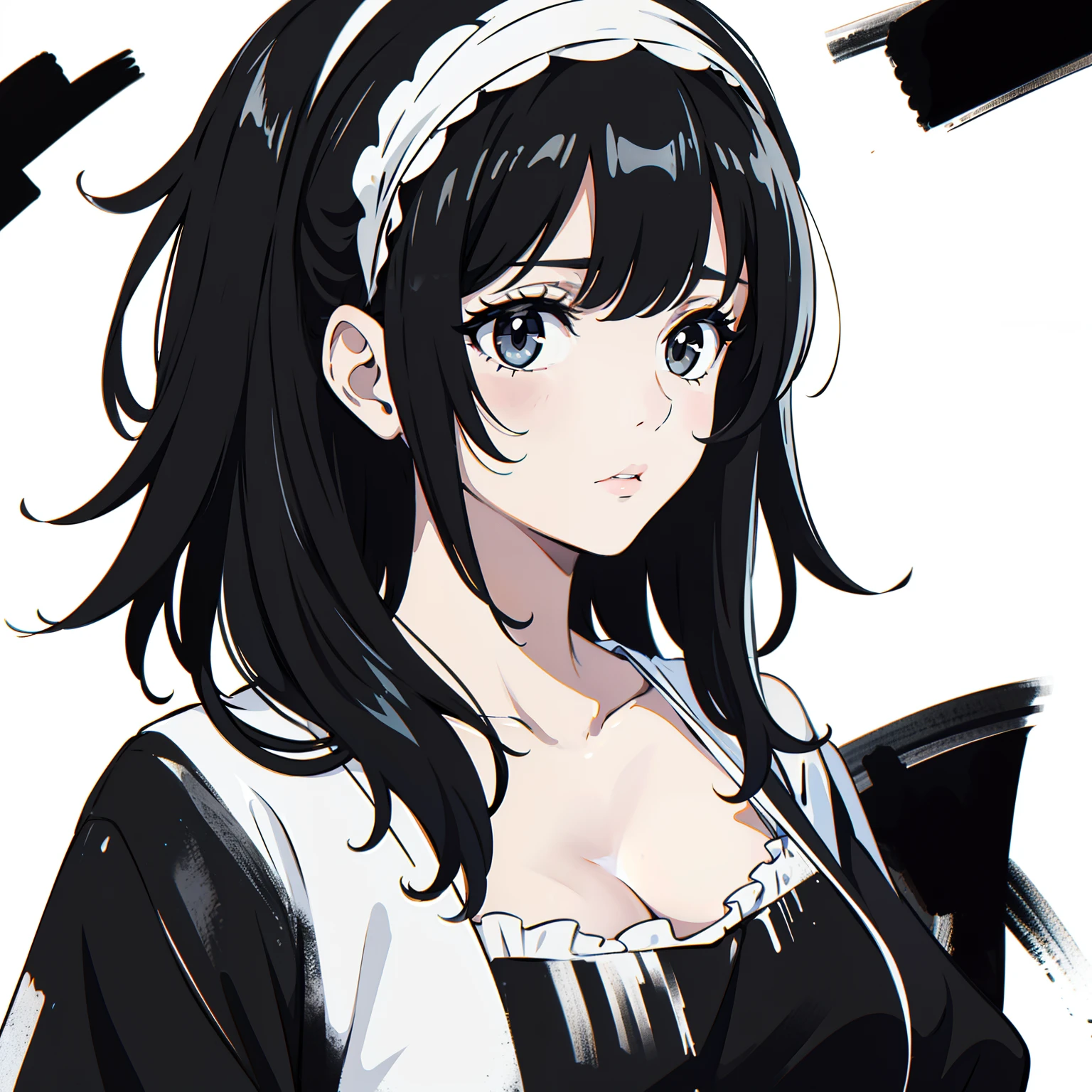 Nonchalant expression, black and white, disheveled fringe, medium messy hair, alluring look, black and white,Black and white painting,White background,Side Face,Hairband