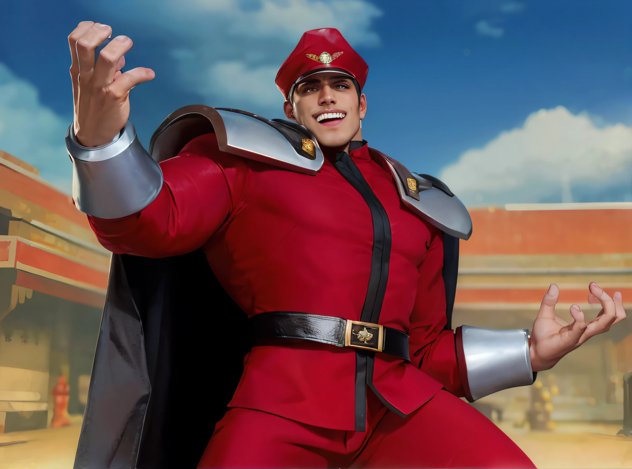 Araffe in a red suit with a cape and a hat, wearing a red captain's uniform, Fujita Goro!, captain falcon, tiro de close-up, uniforme vermelho, foto de retrato em close-up, Foto de detalhe, Furio Tetesschi, como personagem em tekken, Giga Chade Capaybara, hero action pose, Joe Biden como um personagem JoJo, pose masculina heroica
