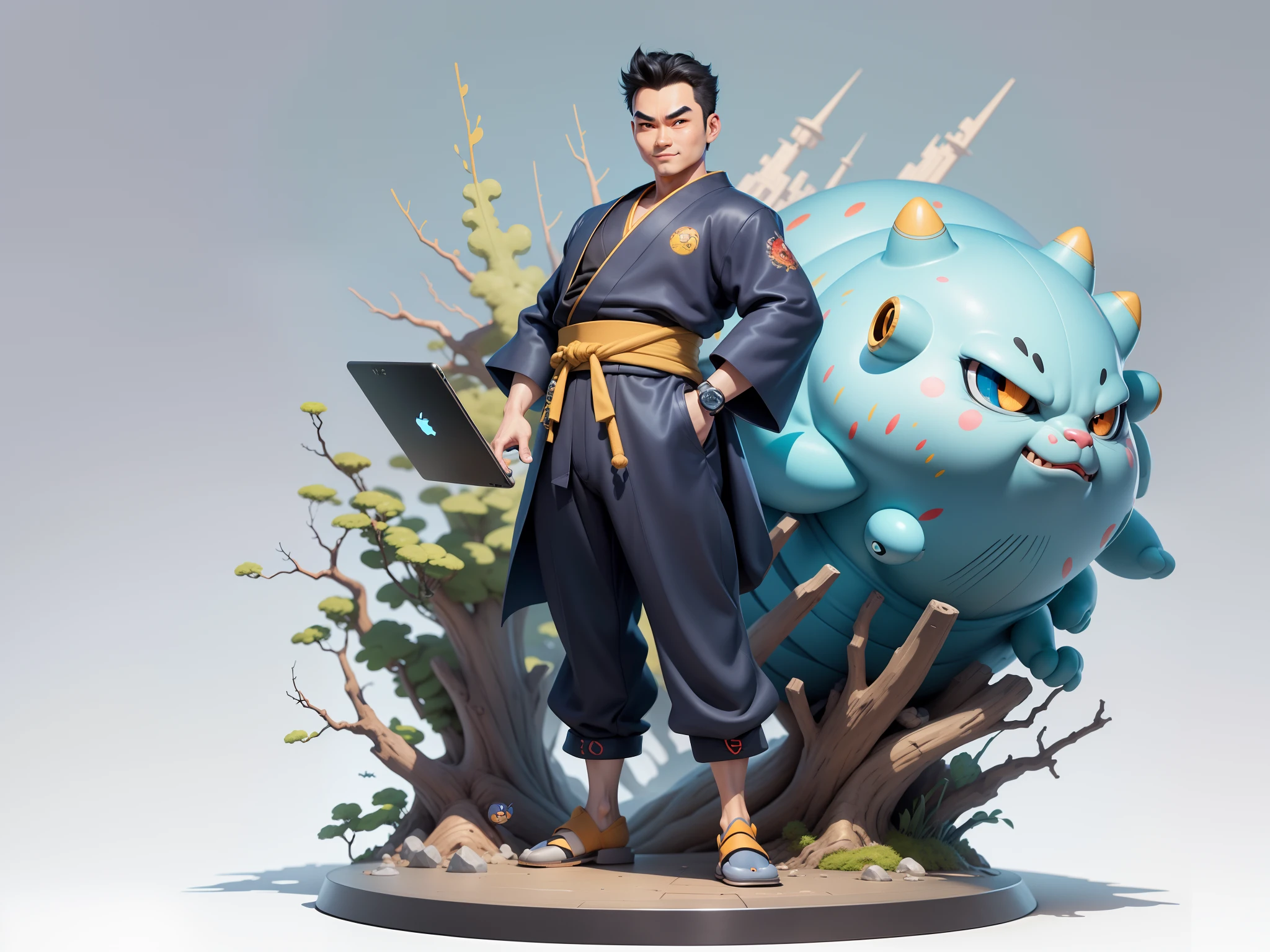(Masterpiece), (Excellent), (Super Meticulous), (Full Body: 1.2), Super Young Man, Oriental Face, Japanese Kimono, Japanese Wind Thunder God, Dragon, Tiger, TV Anchor, Bust Portrait Illustration, Alone, Black Suit, Blue Tie, Slightly Chubby Face, Very Clean Face, No Beard, Black Super Short Hair, Black Eyes, Confident Smile, 3c Computer Sub-Products, iPad, iPhone, Digital Painting, 3D Character Design by Akira Toriyama and Mark Claireden and Pixar and Hayao Miyazaki, The illustration is a high-definition illustration in 4K resolution with very detailed facial features and cartoon-style visuals.