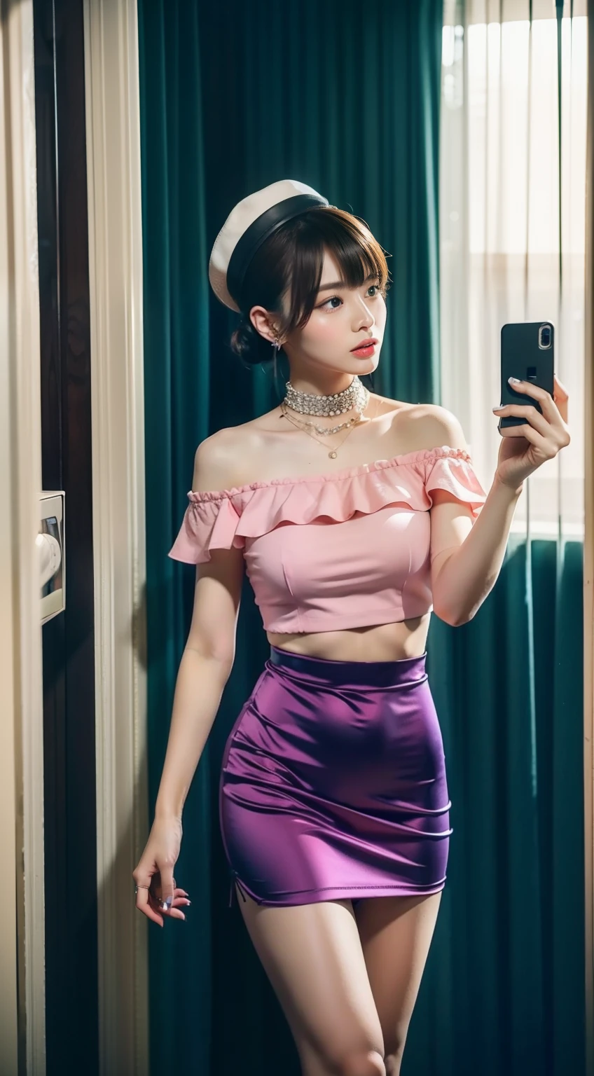 (8K分辨率,Mirror selfie photos,photorealestic),(1 female,20yr old,(The facial features of Izumi Sakai:1.4,Bones thin face,s delicate face),com rosto detalhado,(Delicate light makeup),Beautiful face,com rosto detalhado,详细的脸,Ultra-fine makeup,Black colored eyes,(Look into the camera),short detailed hair,(Messy has layers),Redlip,Fair smooth skin,(Best Skin Type:1.21),(Off-the-shoulder T-shirt,Short skirts for students,(materpiece:terylene,Lycra cotton,elasticity),((Gorgeous phone case,rhinestones,Nipple shape is protruding)),bucket-hat,choker necklace,high-heels),Tall and tall,perfect hand,Great for selfies,Ultra-fine clothing material),(浴室,Exquisite bedroom details,(Floor-to-ceiling mirrors,vanity table)),(narcissistic,Rejoice),(Light assist,profesional lighting),(Cute and lively,(vibrant with colors,(purpleish color,blue colors,In pink))),(Golden section,Cinema lenses,Hasselblad photograp,tmasterpiece:1.3),(adolable,Raised sexy,Take a selfie at home,Artis,Live streaming platform)