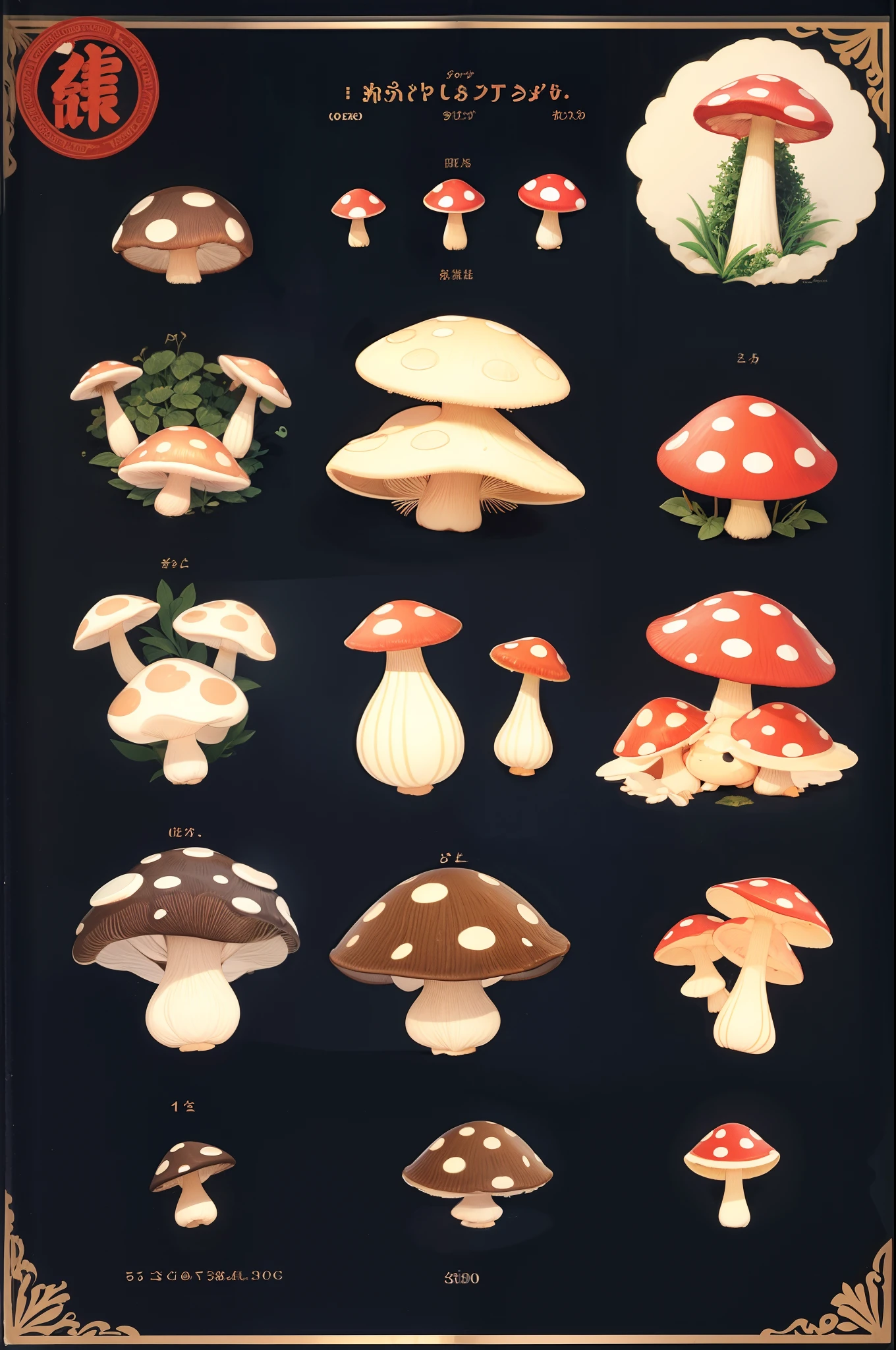 illustrated reference book page, mushroom on head, chibi girls,
