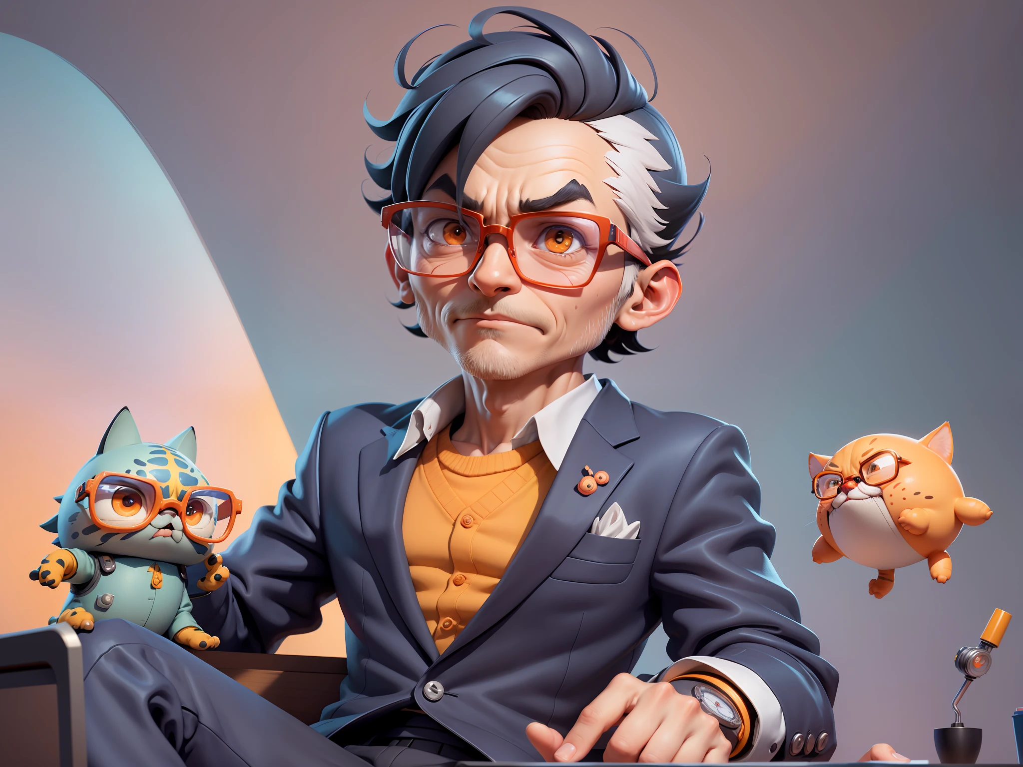 A young man in a suit, Short hair and glasses sat at his desk,holding laptop,digitial painting,tigre,3D character design by Mark Clairen and Pixar and Hayao Miyazaki and Akira Toriyama,4K HD illustration,Very detailed facial features and cartoon-style visuals。