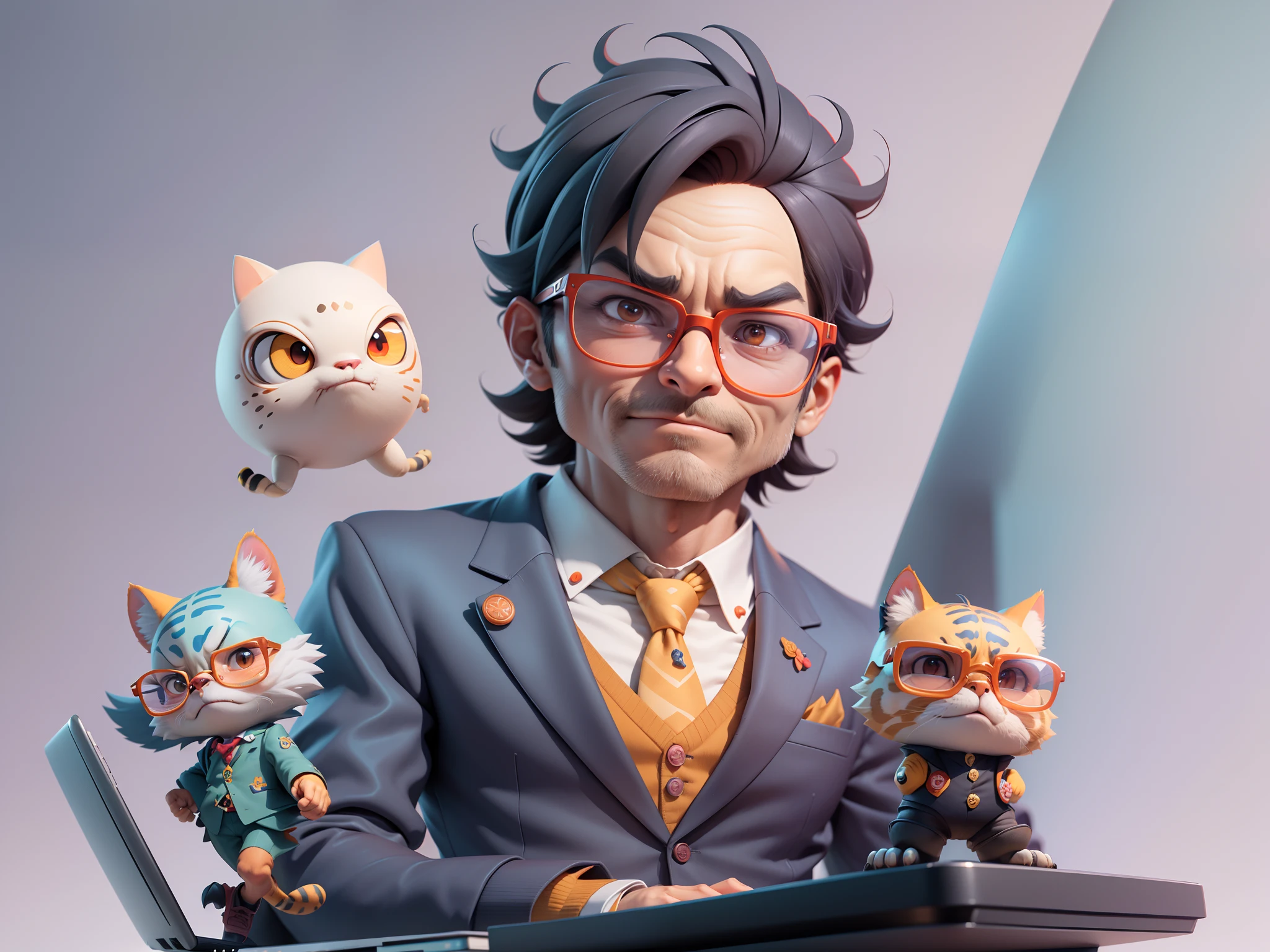A young man in a suit, Short hair and glasses sat at his desk,holding laptop,digitial painting,tigre,3D character design by Mark Clairen and Pixar and Hayao Miyazaki and Akira Toriyama,4K HD illustration,Very detailed facial features and cartoon-style visuals。