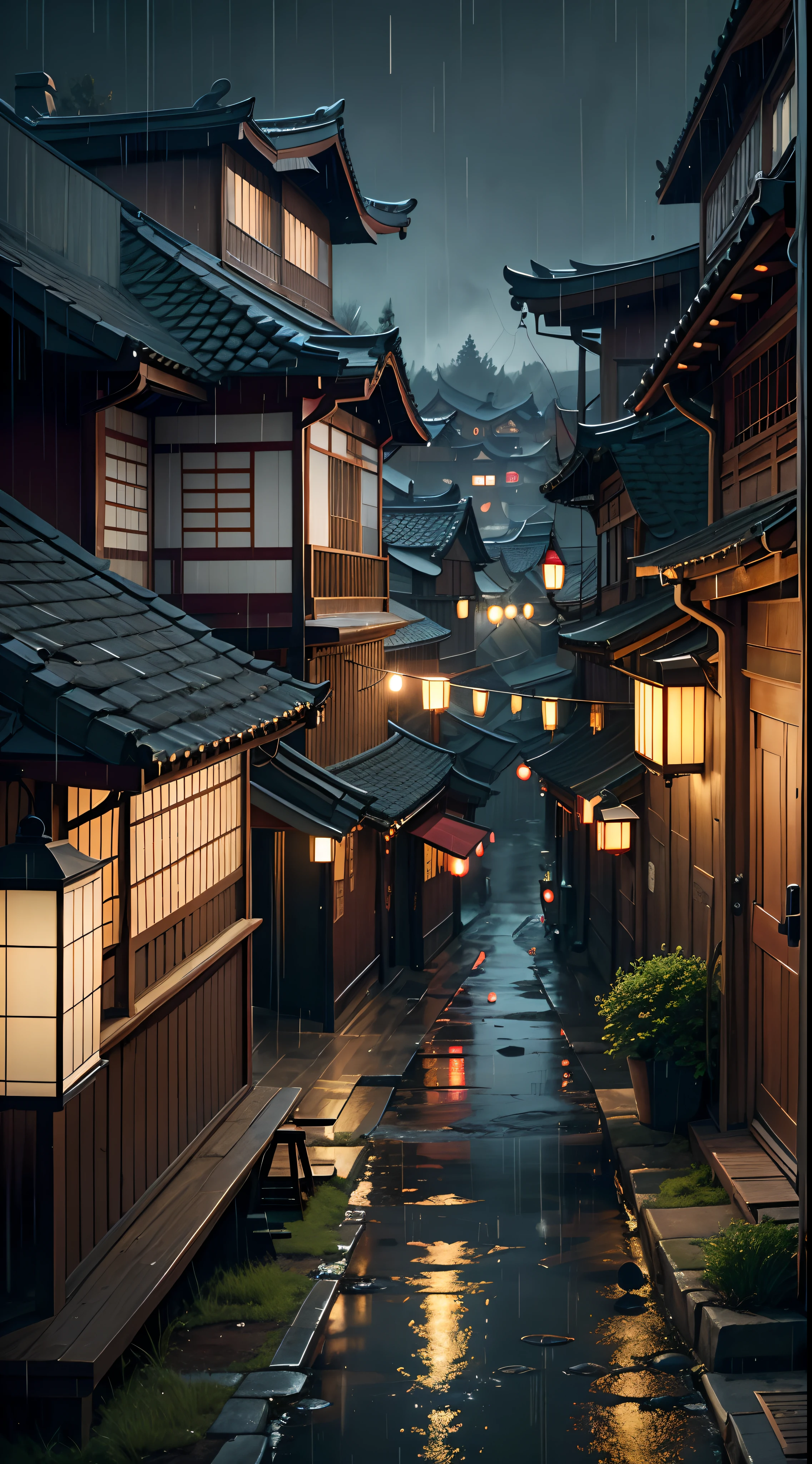 arafed view of a village with a lot of lights on the buildings, dreamy chinese town, chinese village, amazing wallpaper, japanese town, japanese village, hyper realistic photo of a town, old asian village, japanese city, by Raymond Han, rainy evening, cyberpunk chinese ancient castle, beautifully lit buildings, at evening during rain, beautiful and aesthetic, photography, cinematic, 8k, high detailed ((Heavy rain)))