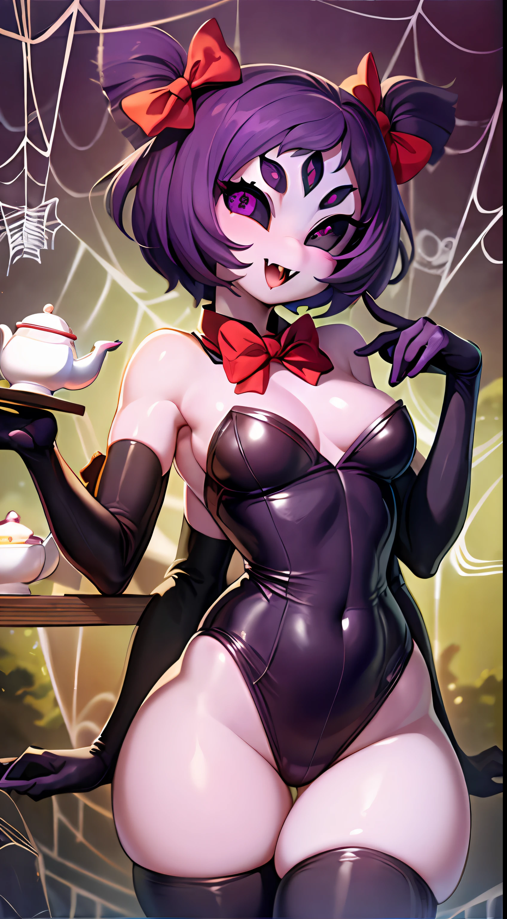 masterpiece, best quality, a beautiful and detailed portrait of muffet, monster girl,((purple body:1.3)), purple skin, humanoid, arachnid, anthro,((fangs)), pigtails, hair bows, 5 eyes, spider girl, 6 arms, solo, smile, sexy, school outfit, open mouth, awesome and detailed background, holding teapot, holding teacup, 6 hands,detailed hands,((spider webs:1.4)),wide angle lens, ((fish eye effect)),  armwear, thick thighs, thighhighs