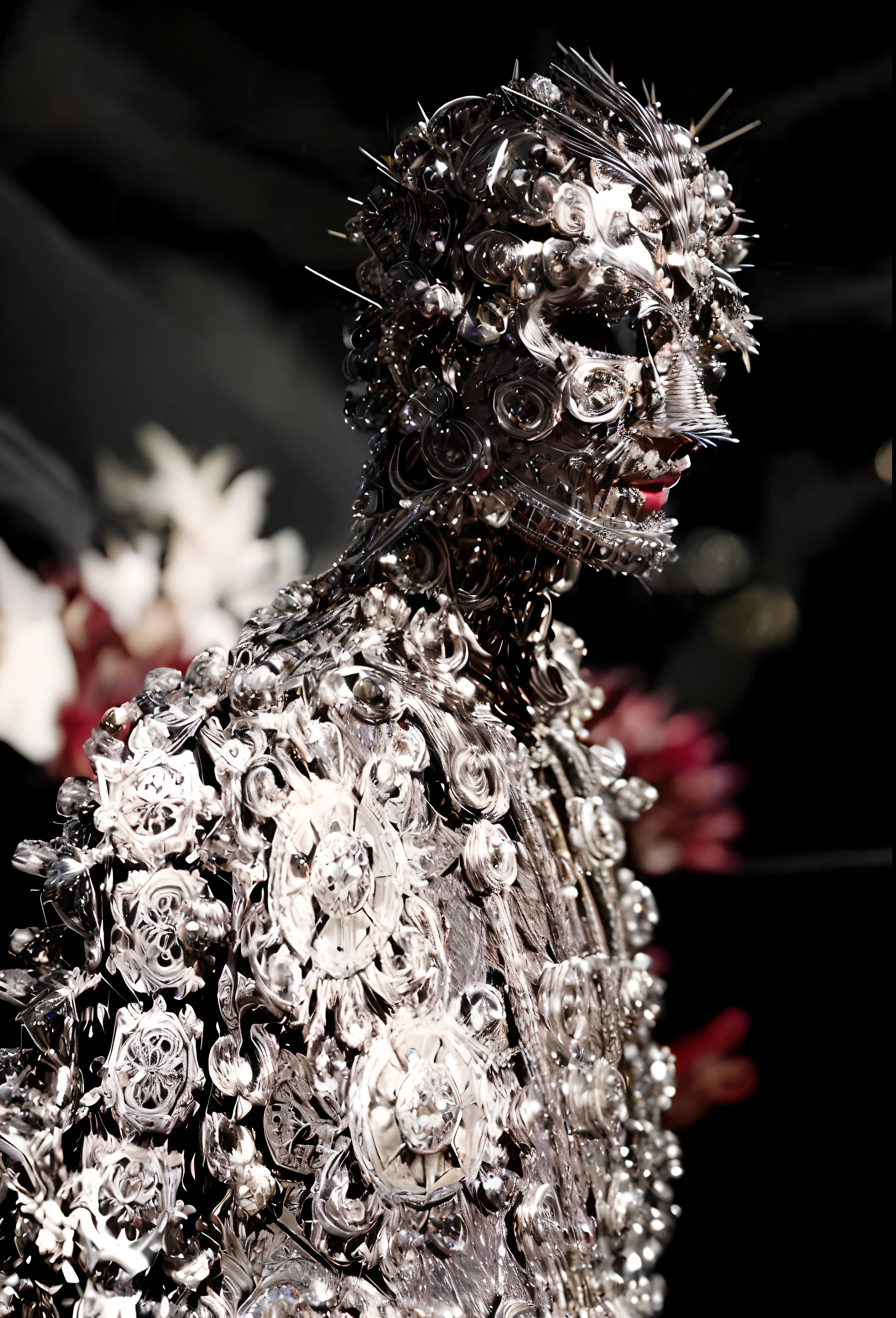 a close up of a metal sculpture of a person with a face covered in metal, wearing louis vuitton armor, alexander mcqueen haute couture, intricate metal armour, intricate metal armor, silver intricate armor, cyborg fashion shot, jeweled costume, intricate armour costumes, by Alexander McQueen, intricate costume design, inspired by Alexander McQueen, ornate armor covered in thorns, wearing intricate steel armor