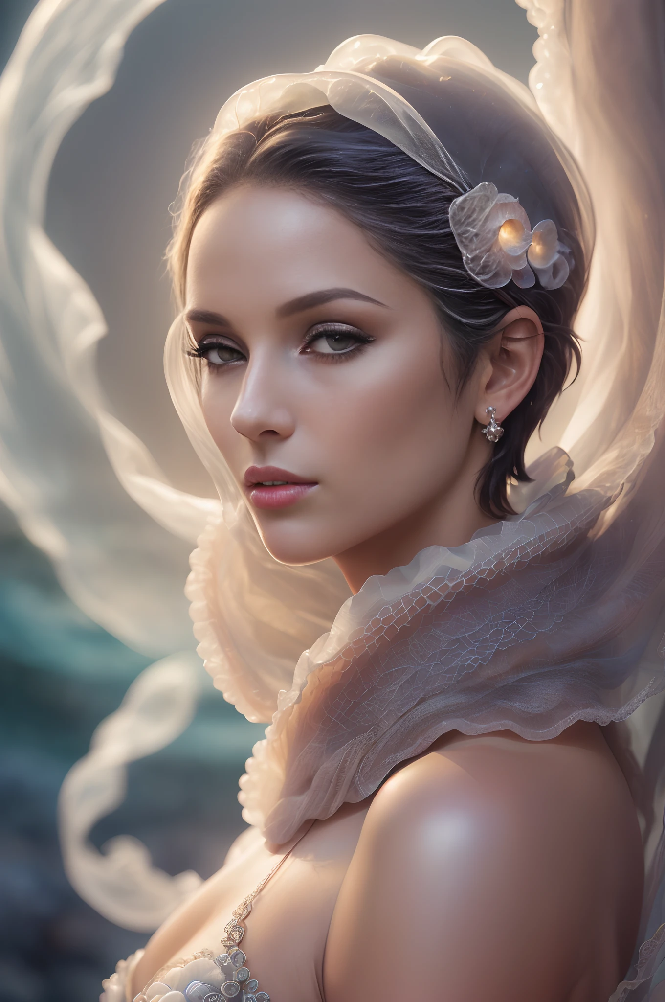 Digital photographic image of an "***Ultra Supermodel with a gelatinous transparent octopus on her head***. ((short hair)) ((realistic facial and body features, attractive, realistic skin tone and textures. perfect eyes, long face and nose, perfect lips))((***full body shot,*** Center to align with the main character))((bright Soft Clear Magical Light))((Sharp focus, **Shot on Mamiya 645 DF medium format digital Camera, 100 mm lens, f/11.**))((rule of thirds, qualities of masterpiece photography))