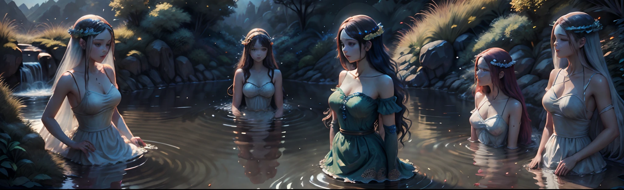 (A group of beautiful women soaking in the hot spring,drenched all over the body,Wearing a gauze dress,Outline the attractive figure)),Beautiful valley with background,There are pavilions,Flowing water creek,Conforms to the principle of flat perspective,(Characters are scattered throughout the picture)(Leonardo da Vinci painting style)),((Extremely fragrant,Picture of infinite spring light),Highest image quality,(complexdetails)),
