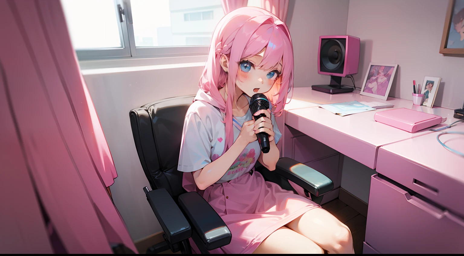 ASMR、Girl with Microphone、Pink-haired girl、Girl's room、Sitting on a chair