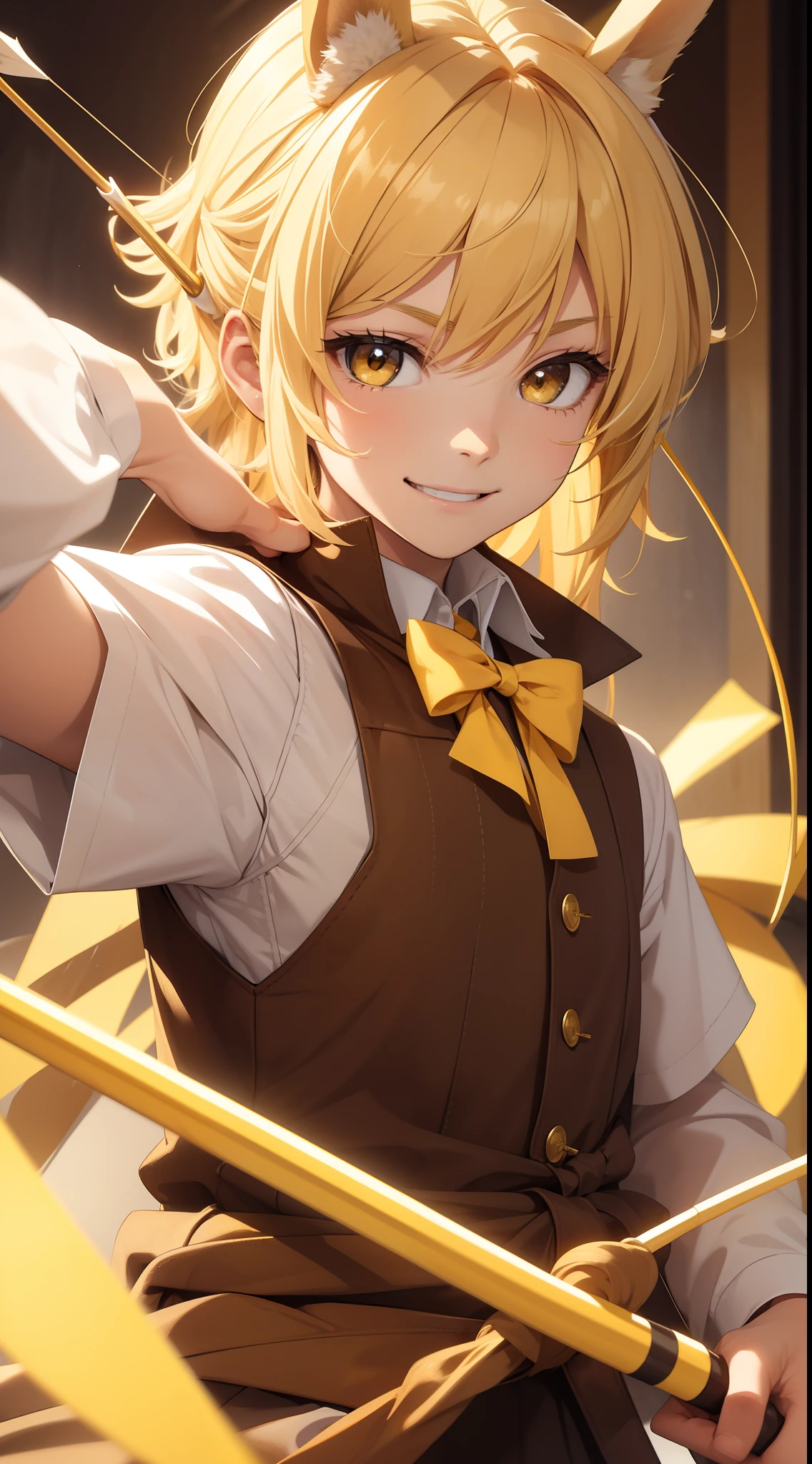 Young guy, blonde hair with brown strands, Yellow eyes, brown rabbit ears, Smile, Bow and arrow, Masterpiece, hiquality