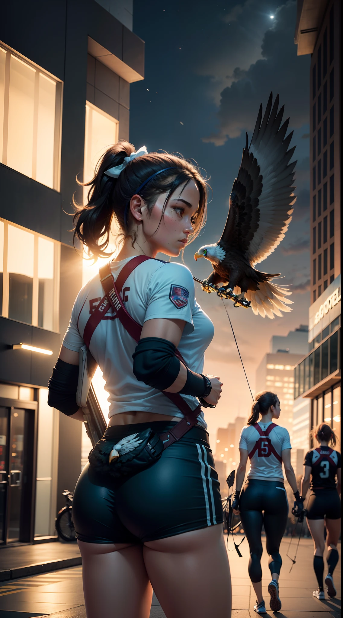 Outside the office building at night,Female athletes in sports equipment,Holding a bow made of alloy and shooting a large eagle
