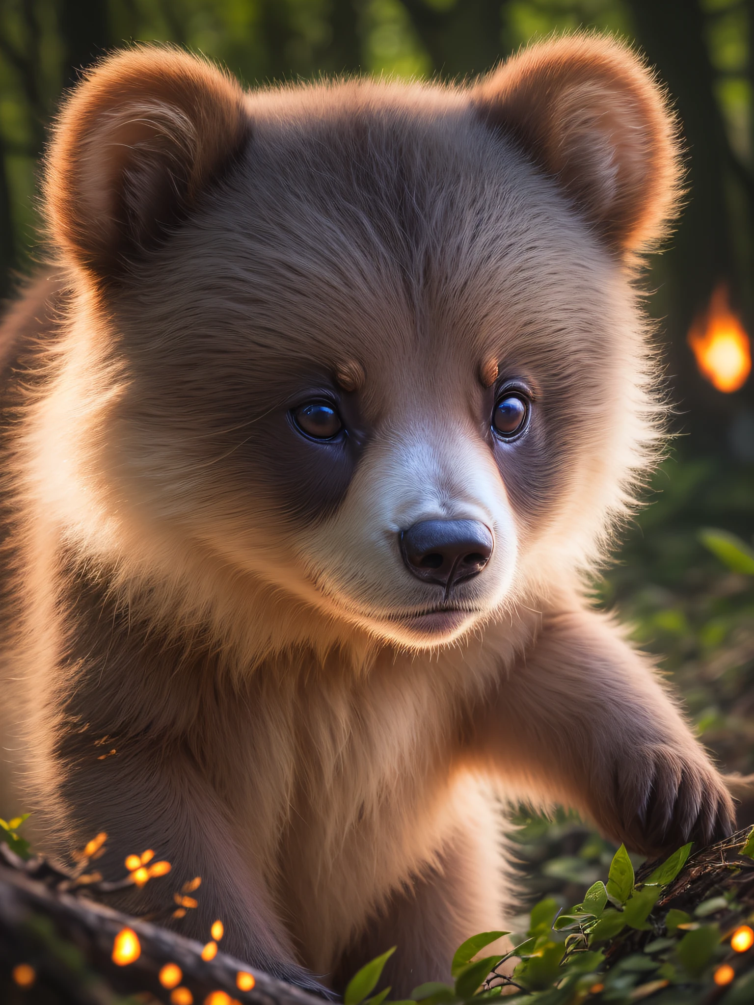 Close up photo of bear in enchanting forest、deep in the night、in woods、Back lighting、fireflys、Volumetric fog、The halo、bloom、Dramatic atmosphere、central、thirds rule、200mm 1.4F Macro Shot