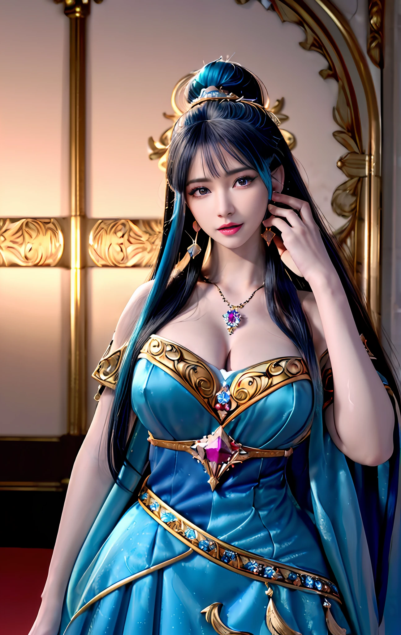 ((realisticity: 1.2)), ((realistic: 8K UHD)), ((best resolution: 8K UHD)), hyper detailed, best quality,masterpiece,highres,cg, ((1 girl hyper detailed and hyper realistic) ) , ((beautiful queen, hyper realistic and hyper detailed)),((white skin, beautiful, smooth, youthful, hyper realistic and hyper detailed )), ((Face hyper beautiful, white, hyper realistic and hyper detailed ) ), long hair, ((hyper realistic and hyper detailed dress)), solo, ((hyper realistic, hyper beautiful, beautiful and hyper detailed jewelry)), ((hyper beautiful deep red and golden yellow dress, hyper realistic and hyper detailed )) , ((Her pretty, hyper realistic, hyper detailed diamond filled earrings)), ((Her gorgeous diamond haircut, hyper realistic and hyper detailed)), ((hyper pretty upper body, hyper beautiful, hyper realistic and hyper detailed) ), ((medium breast: 1.5)), ((hyper realistic, hyper pretty, hyper detailed boobs)), ((the backgroun of the royal palace is hyper majestic, hyper realistic and hyper detailed)),((hands and palms hyper beautiful, hyper detailed, hyper realistic)), ((hyper pretty, hyper pretty, hyper realistic and hyper detailed hair bun)), ((hyper pretty , hyper realistic and hyper detailed blue hair)), candid, Photo, high resolution, 8k , bokeh,