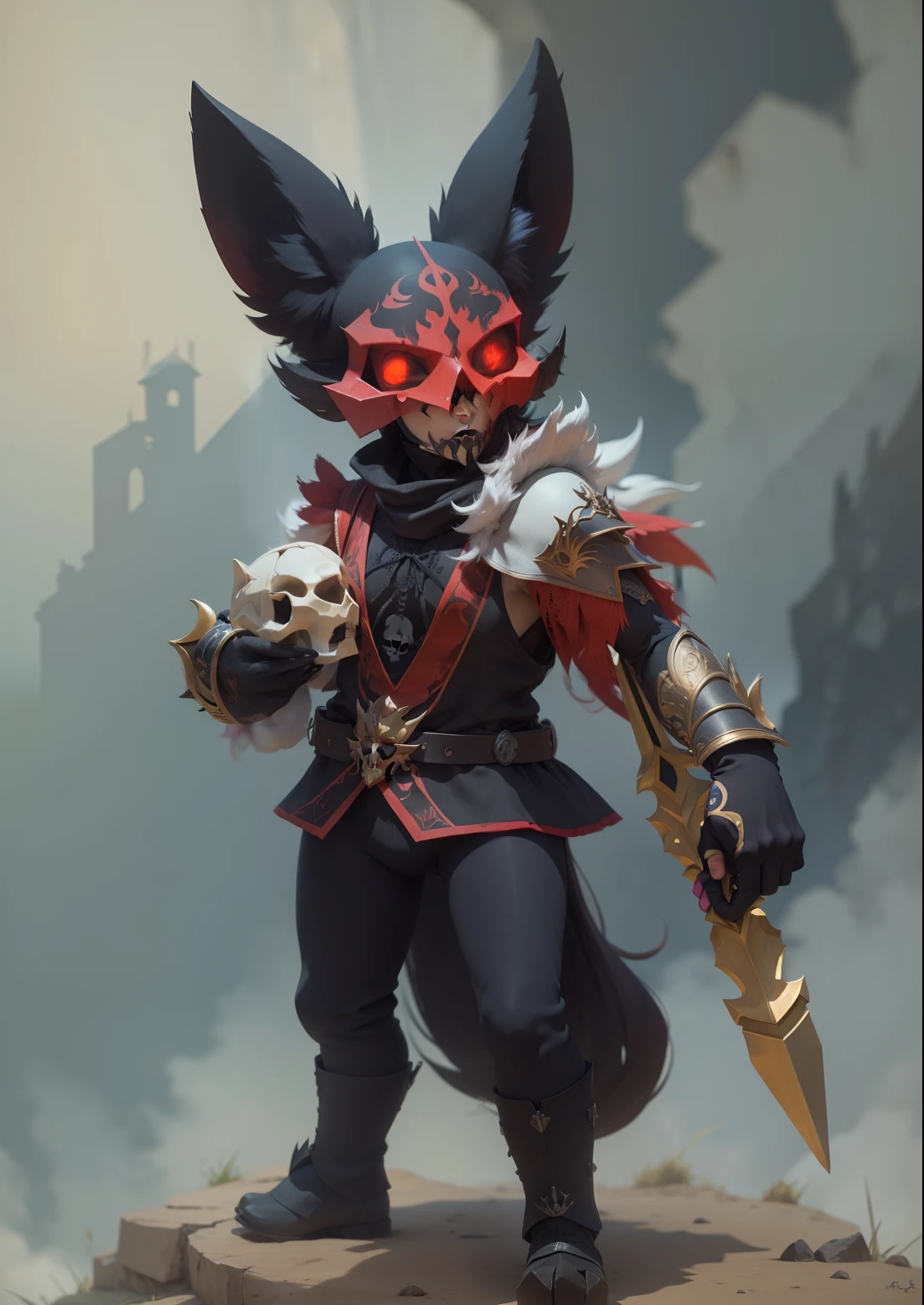 Devil fox, maligna, with a skull spear, tatuagem, roupas de bruxo e olhos vermelhos.
