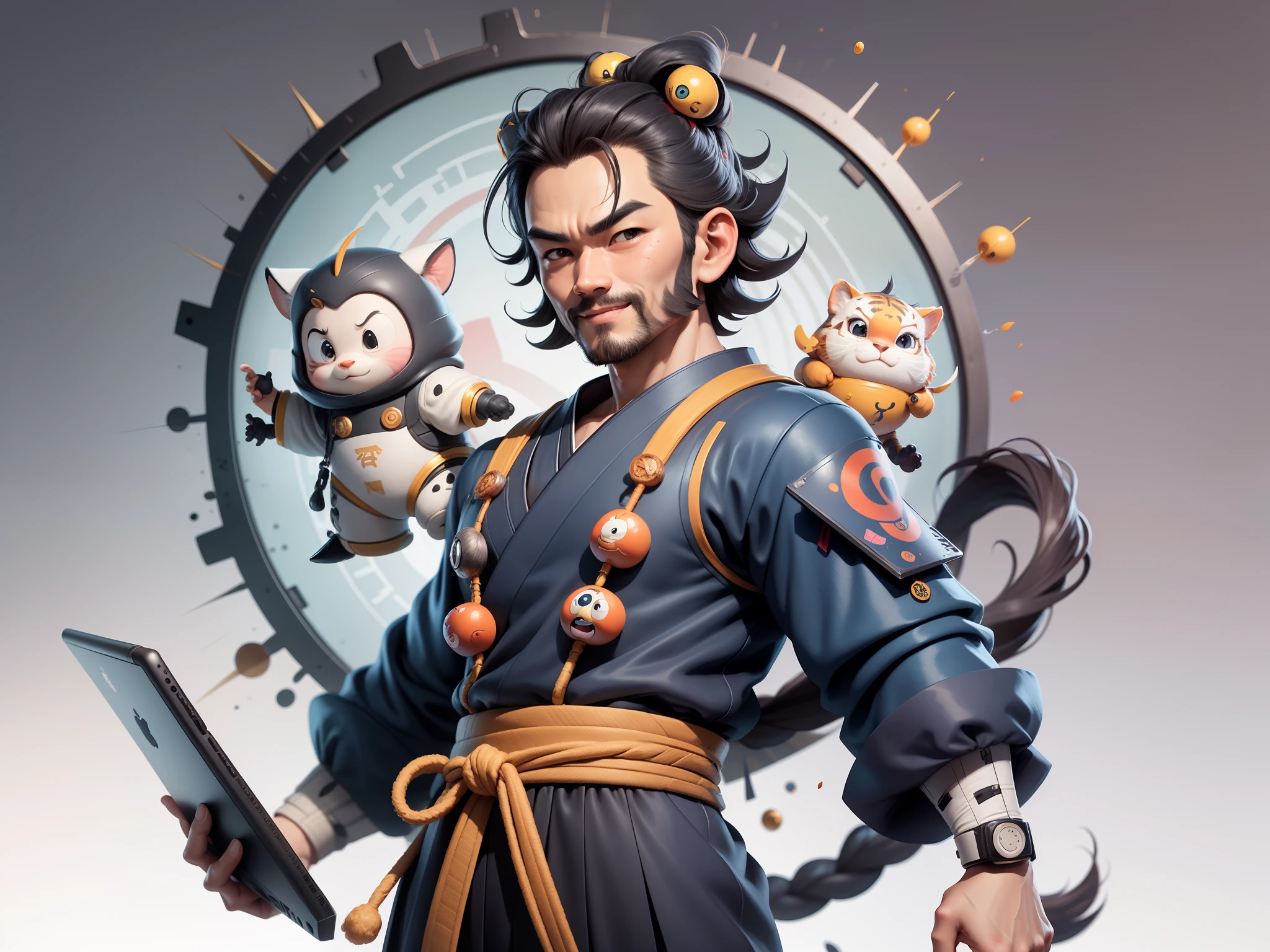 (Daisaku),(Need),(Super meticulous),(full bodyesbian:1.2),Super young man with Japanese geisha，Beautiful，orient，one tiger，Aeolian Thor，Raised sexy，爆乳，Oriental face，TV Anchor，Bust portrait illustration，In black suit，a blue tie，The face is slightly chubby，The face was clean，without a beard，Black super short hair，Black eyes，Smile confidently，3C computer sub-products，iPad， iphone，Digital painting，3D character design by Mark Clairen and Pixar and Hayao Miyazaki and Akira Toriyama，The illustration is a high-definition illustration in 4K resolution，With very detailed facial features and cartoon-style visuals。