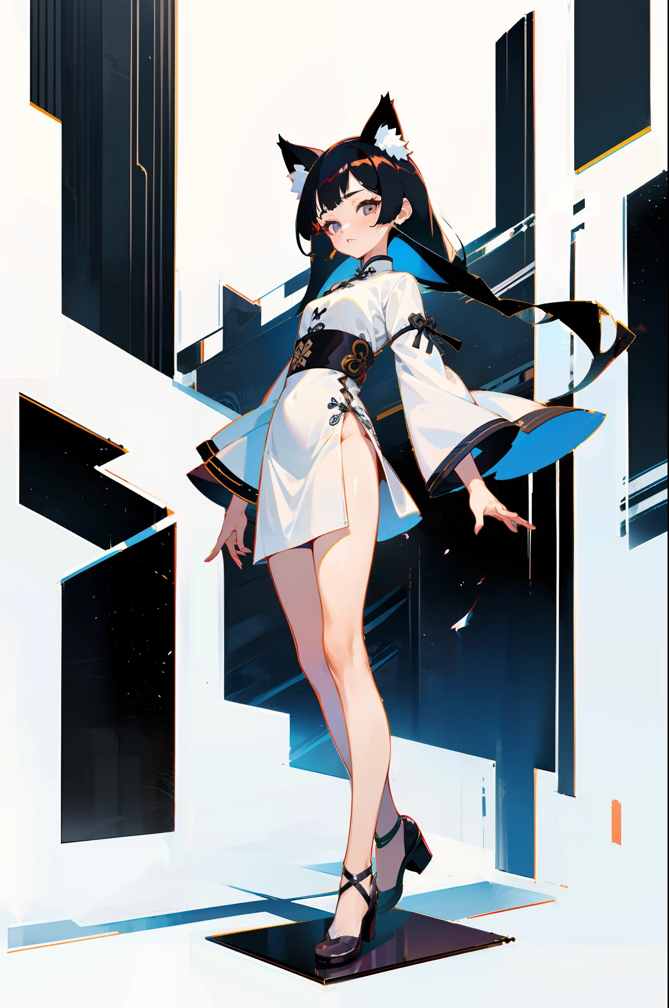 MKSKS style, (Very detailed background:1.0), (highly detailed back ground:1.0), 1girll, full_Body,,frontage，Masterpiece, Best quality, (1girll, Solo, Girl:1.2), ,ahegao，standing,White theme，White cheongsam，Black hair,cat ear,Long hair