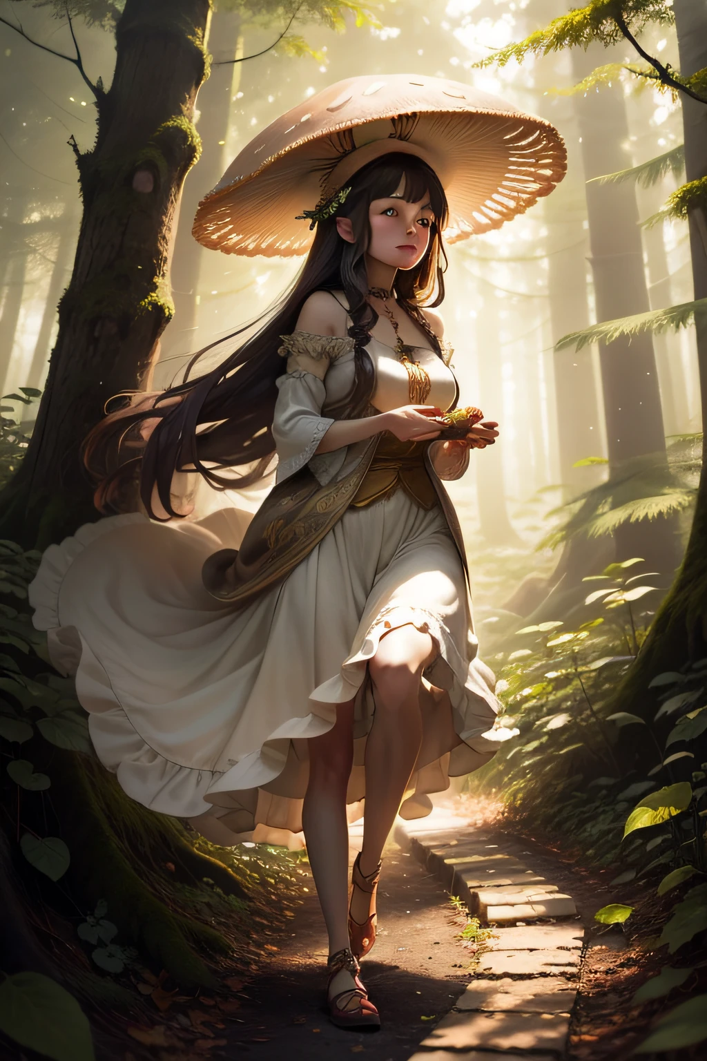 In the heart of the forest, along a sunlit path where gentle light filters through,
BREAK
stands an enchanting girl, holding an array of colorful mushrooms in her hands. Her smile radiates a brilliance even surpassing the sunlight itself.
BREAK
A soft breeze tousles her hair as the forest comes alive with the playful dance of mushrooms. Her presence exudes the energy of a fairy, deeply intertwined with the forest's spirit.
BREAK
Mushrooms sway and twirl, enveloped in joy, while vibrant life energy surrounds her, seamlessly merging with the very essence of the woodland realm.