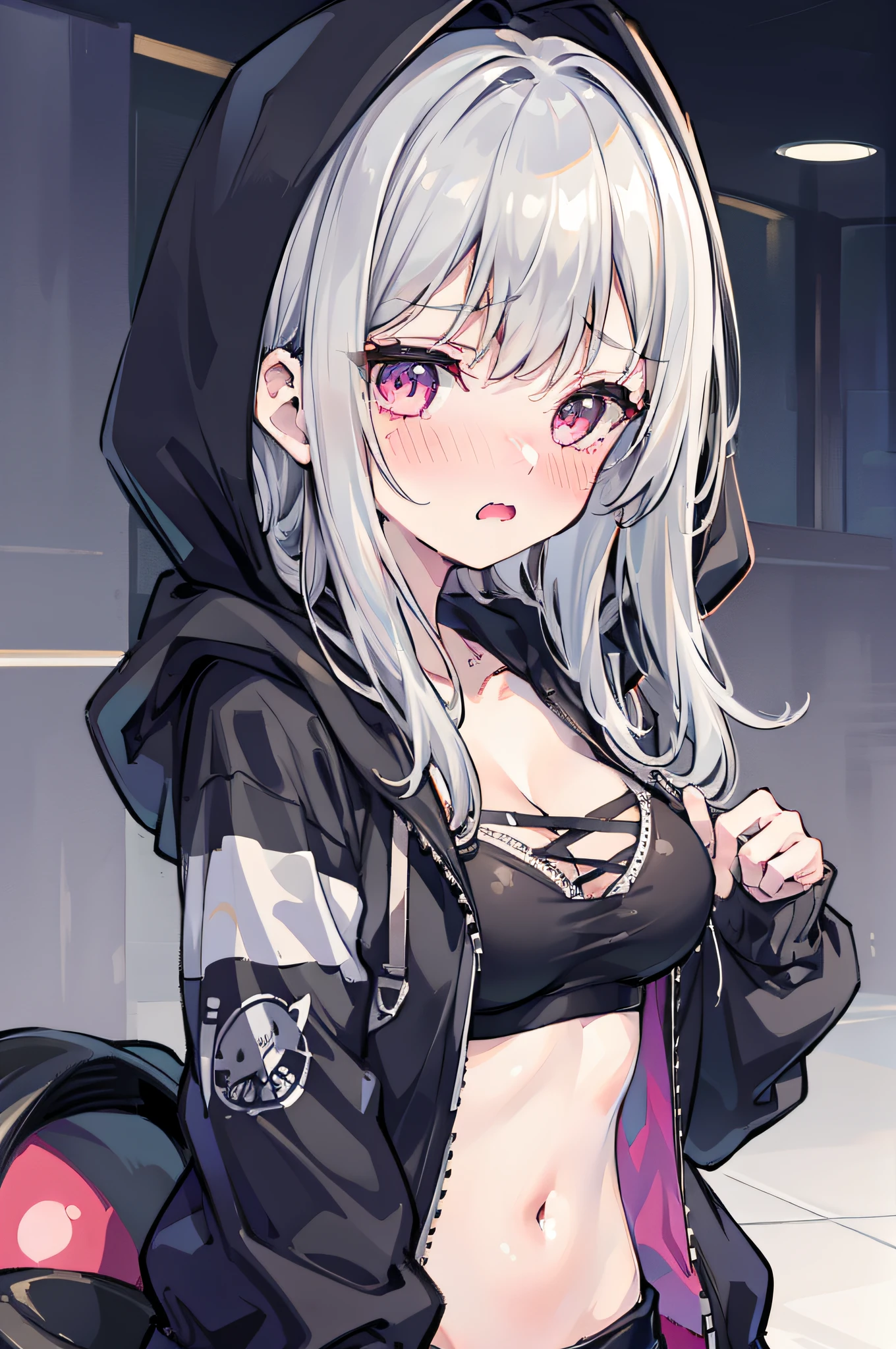 1 girl, Cute Girl, ,Black_Bra, Navel,Hoodie, Silver hair, Looking away, embarrassed from, nose blush, ((Blushing)), Open_Mouth, Heavy breathing, cleavage