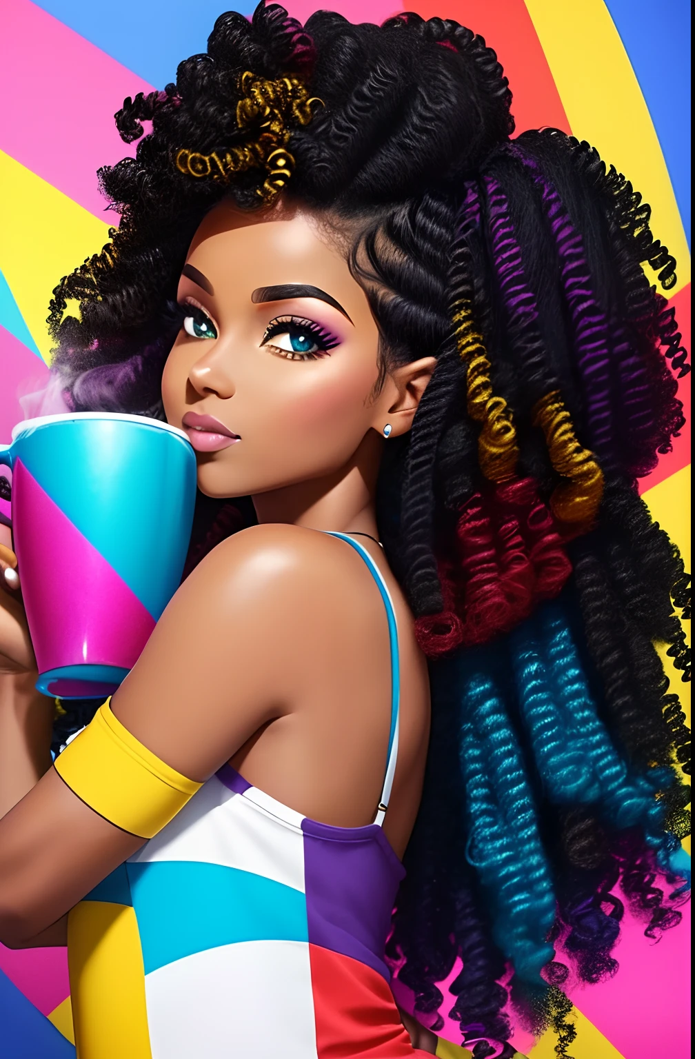 (A BEAUTIFUL BLACK WOMAN HAPPY HAIR VERY CURLY AND VOLUMINOUS WITH A GOOD CUP OF COFFEE COMING OUT SMOKE IN HER HAND, Beautiful cup ,Coloridas ,pink and blue and yellow WRITTEN WE COOFFE IN THE CUP ),  Eduardo Kobra ,Romero Brito,The Filling Twins ,multidimensional geometric wall PORTRAIT, arte, Chibi,
Yang08k, lindo, Colouring,
Primary works, qualidade superior, melhor qualidade, Arte Oficial, Beautiful and Aesthetic, 128 mil