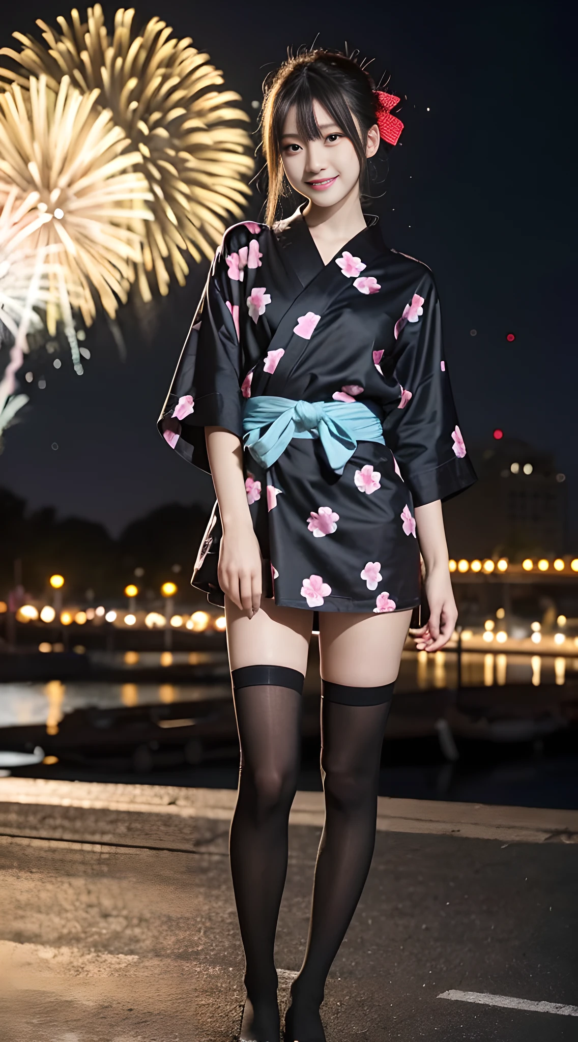 1girl, Cute, black-haired, 15 years old, Looks pure, miniskirt yukata, Photography, photo realistic, Best Quality, extremely detailed eyes, extremely detailed face, Full body, slender, Slender legs, Long legs, skinny, wearing thigh-high socks, wear geta, summer night, fireworks display, Smile, depth of field