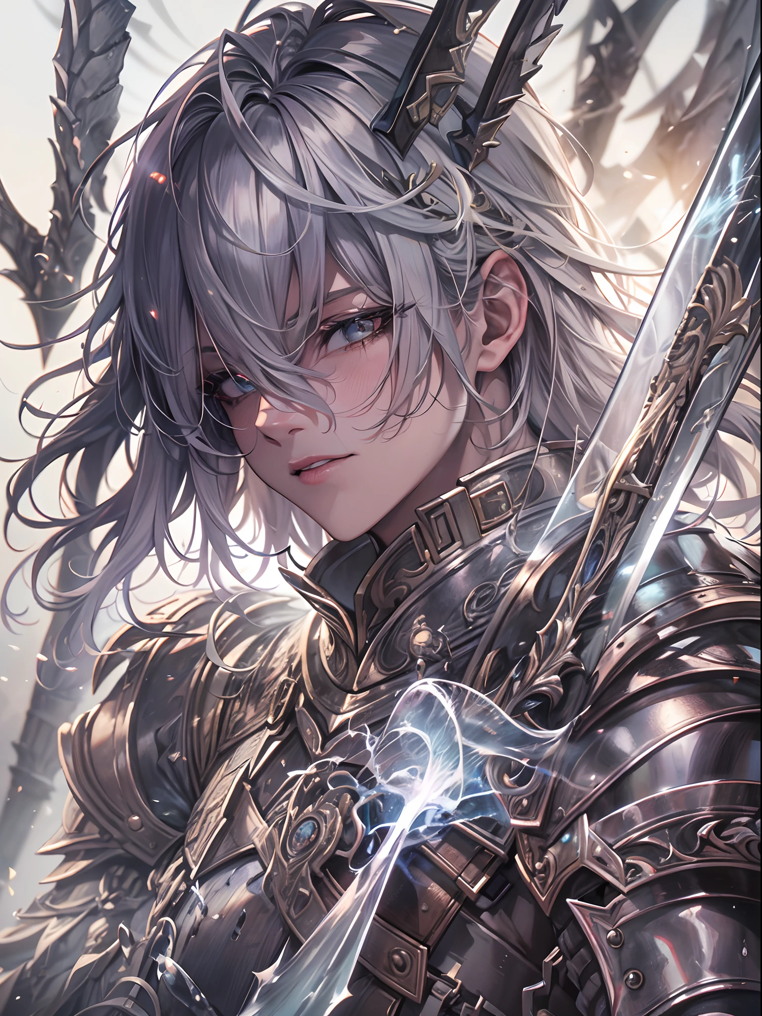 (a teenager male knight in cracked sliver armor), handsome, water element sword light from the sky, lots of swords point at the knight, silver hair, black hair, gradient hair, chiaroscuro, cinematic lighting, god rays, ray tracing, reflection light, ((close-up)), masterpiece, best quality, high quality, high details, highest, accurate, anatomically correct, textured skin, UHD, 1080P, ((anime))