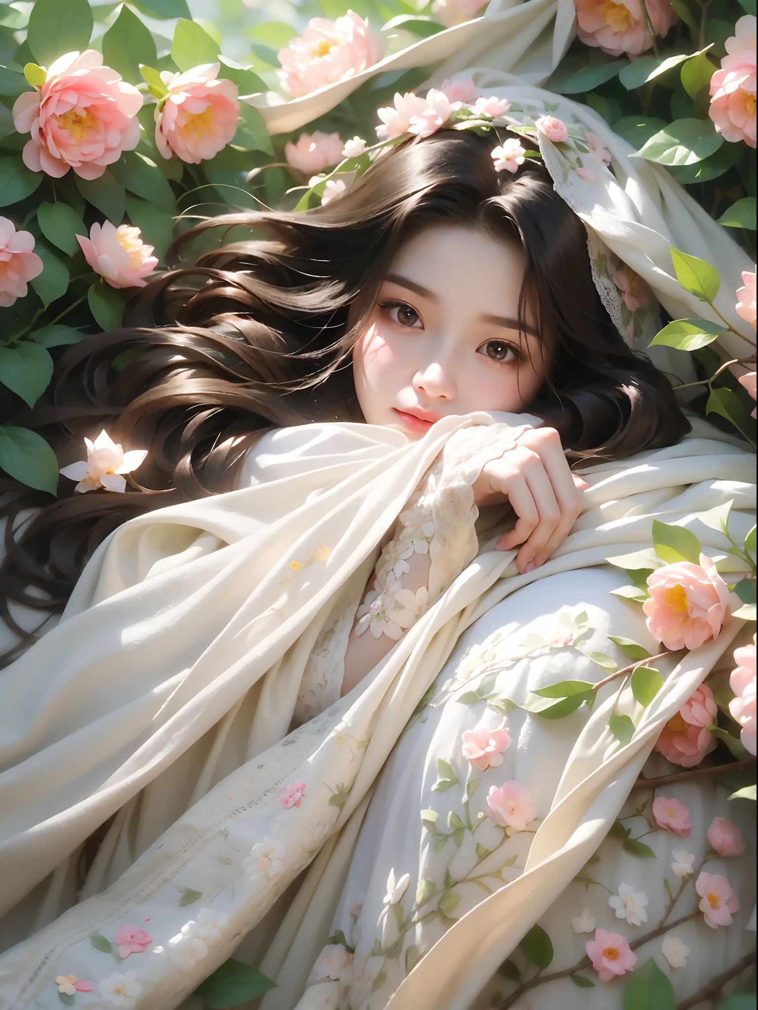 1 girl, full body photo, flaxen hair, flowing hair, hazy beauty, extremely beautiful facial features, white embroidered dress, hairpin on head, lying in a flower bush, hand dragging chin, perfect hand, camellia, (spring, rainy day, butterfly, cliff), simple vector art, contemporary Chinese art, soft light, entangled scarf, looking down