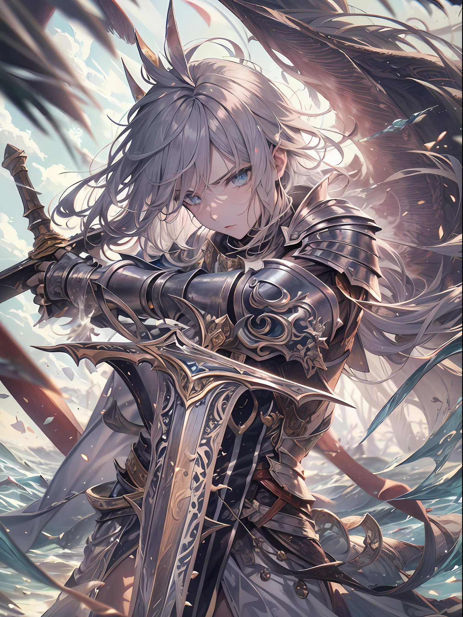 (a teenager male knight in cracked sliver armor), handsome, water element sword light from the sky, lots of swords point at the knight, silver hair, black hair, gradient hair, chiaroscuro, cinematic lighting, god rays, ray tracing, reflection light, ((close-up)), masterpiece, best quality, high quality, high details, highest, accurate, anatomically correct, textured skin, UHD, 1080P, ((anime))