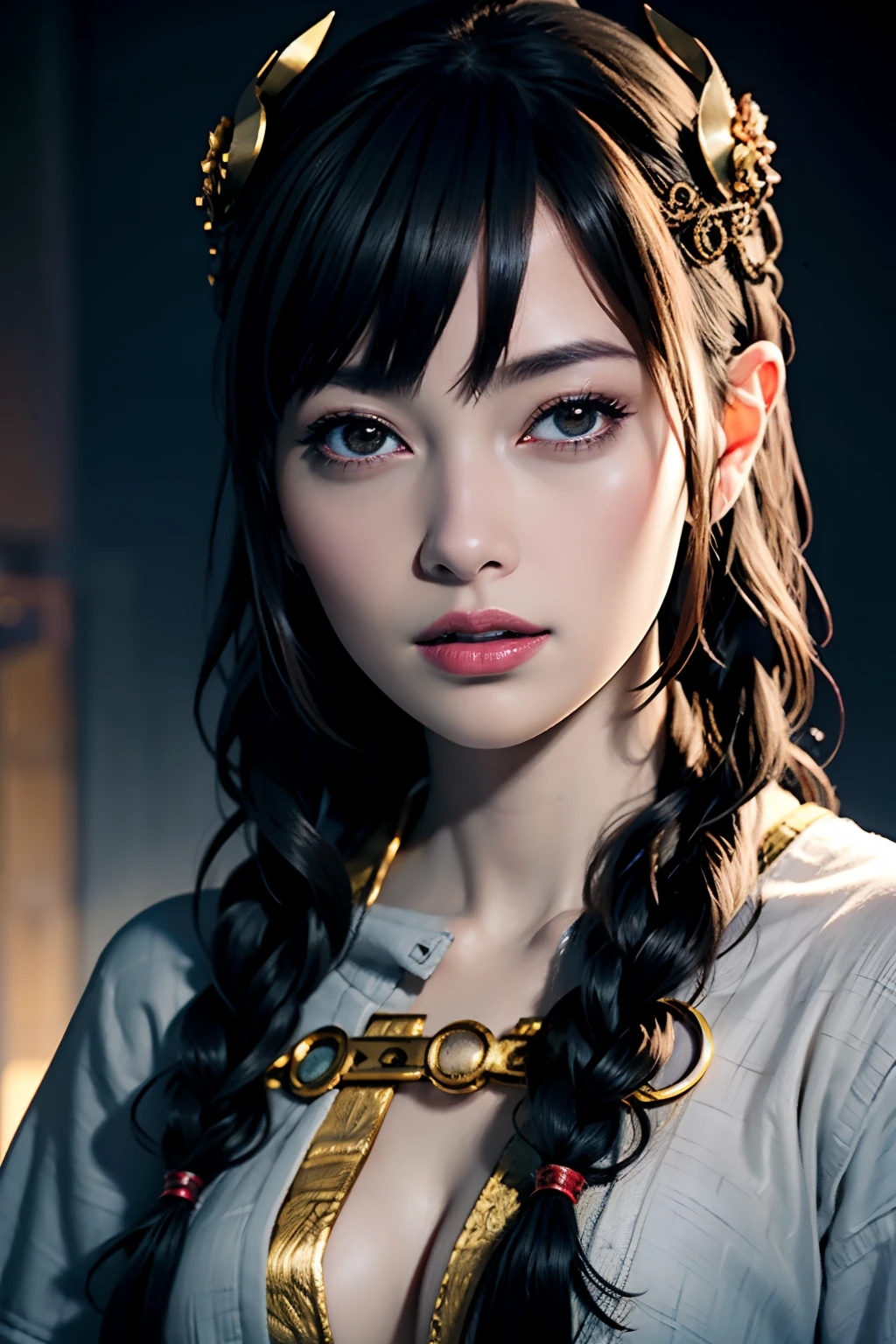 Ultra-detailed complex 3D rendering of face, (Colossal: 8.8), (masterpiece, top quality, octane rendering, 8K), glamour shot full body image, very beautiful young elf, cleavage, (very detailed skin: 1.2), (exposure: 1.1), brown-haired, ((wearing a plummeted open shirt of white silk: 1.10)), beautiful Caucasian woman with black skin with full soft breasts with big buttocks, Single, long braided hair, big breasts, dynamic angle, mystical expression, ultra-realistic photo, (((portrait)))), bare feet, futuristic urban background, facial muscles, detailed and beautiful queen gold crown, in the style of Marvel Comics, ArtStation trends, clear focus, studio photography, intricate details, very detailed, detailed red eyes, very detailed, Sharp Focus, Digital Rendering, Professional, Abs, Dark Grey Background,