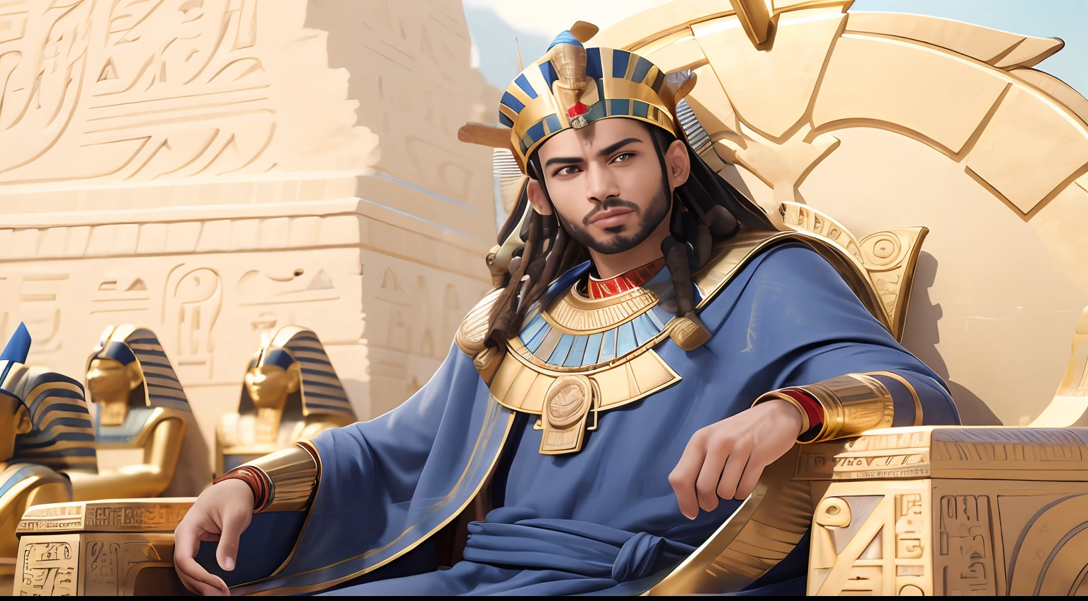 Homem arafed em um manto azul sentado em um trono de ouro, pharaoh clothes, pharaon, wearing an egyptian crown, Egyptian god, the egyptian god, Egyptian, pharaon, Retrato do Imperador da Humanidade, Retrato de um Rei, brown skin man egyptian prince, Egito Deus, egyptian clothes, wind egyptian god, descansando em seu trono, Majestade em roupas nobres 4k ultra HD