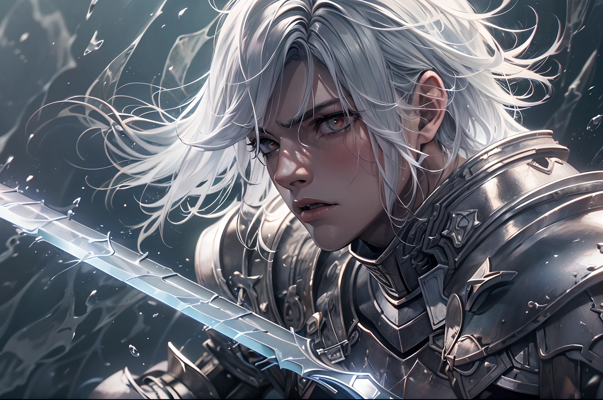(a teenager male knight in cracked sliver armor), handsome, water element sword light from the sky, lots of swords point at the knight, silver hair, black hair, gradient hair, chiaroscuro, cinematic lighting, god rays, ray tracing, reflection light, ((close-up)), masterpiece, best quality, high quality, high details, highest, accurate, anatomically correct, textured skin, UHD, 1080P, ((anime))
