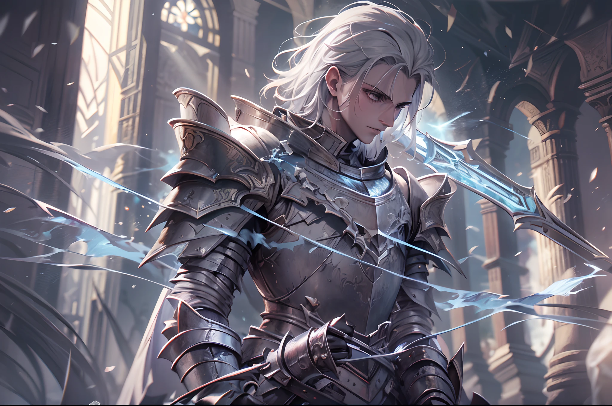 (a ager male knight in cracked sliver armor), handsome, water element sword light from the sky, lots of swords point at the knight, silver hair, black hair, gradient hair, chiaroscuro, cinematic lighting, god rays, ray tracing, reflection light, ((close-up)), masterpiece, best quality, high quality, high details, highest, accurate, anatomically correct, textured skin, UHD, 1080P, ((anime))