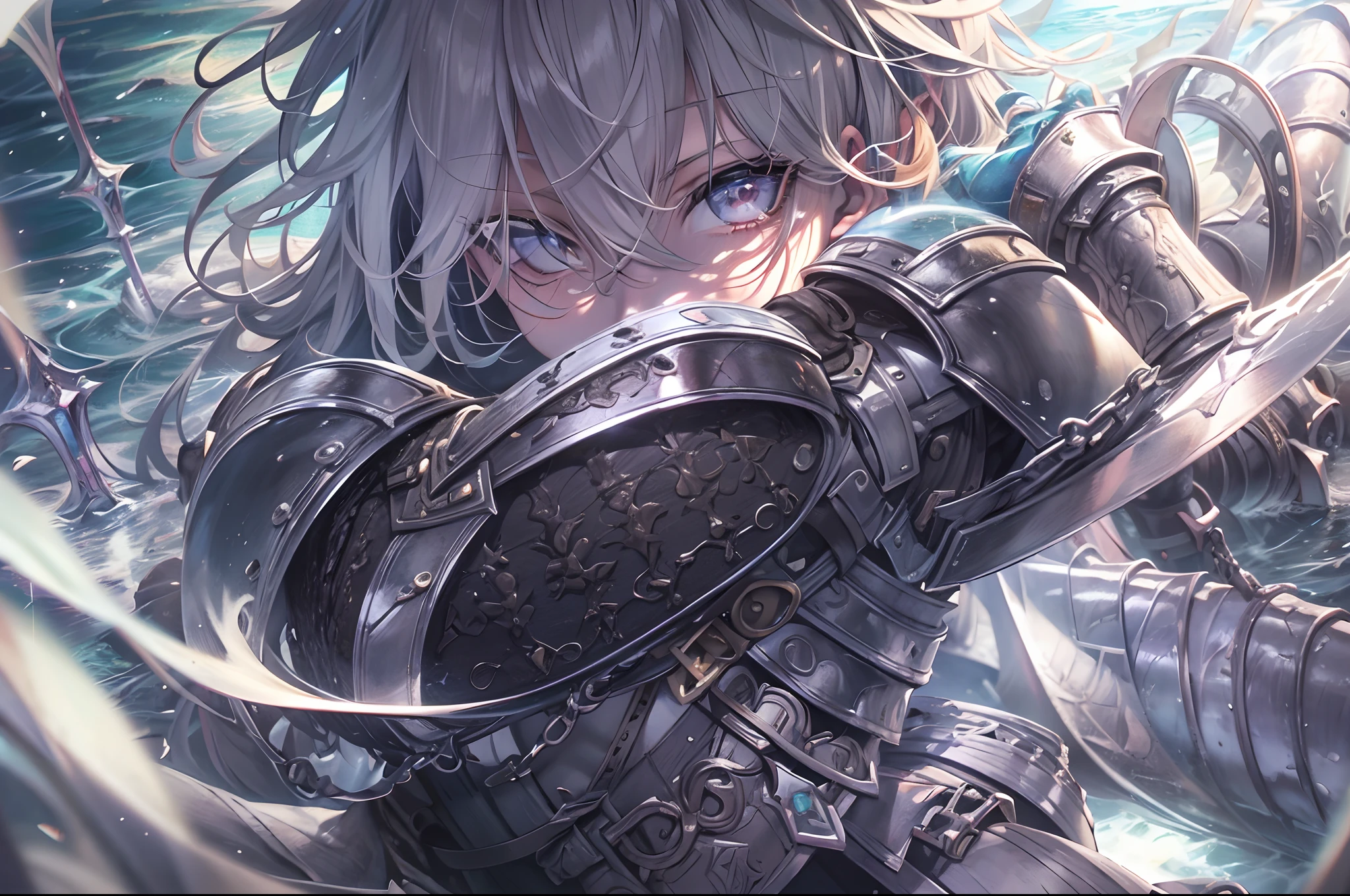 (a ager male knight in cracked sliver armor), handsome, water element sword light from the sky, lots of swords point at the knight, silver hair, black hair, gradient hair, chiaroscuro, cinematic lighting, god rays, ray tracing, reflection light, ((close-up)), masterpiece, best quality, high quality, high details, highest, accurate, anatomically correct, textured skin, UHD, 1080P, ((anime))