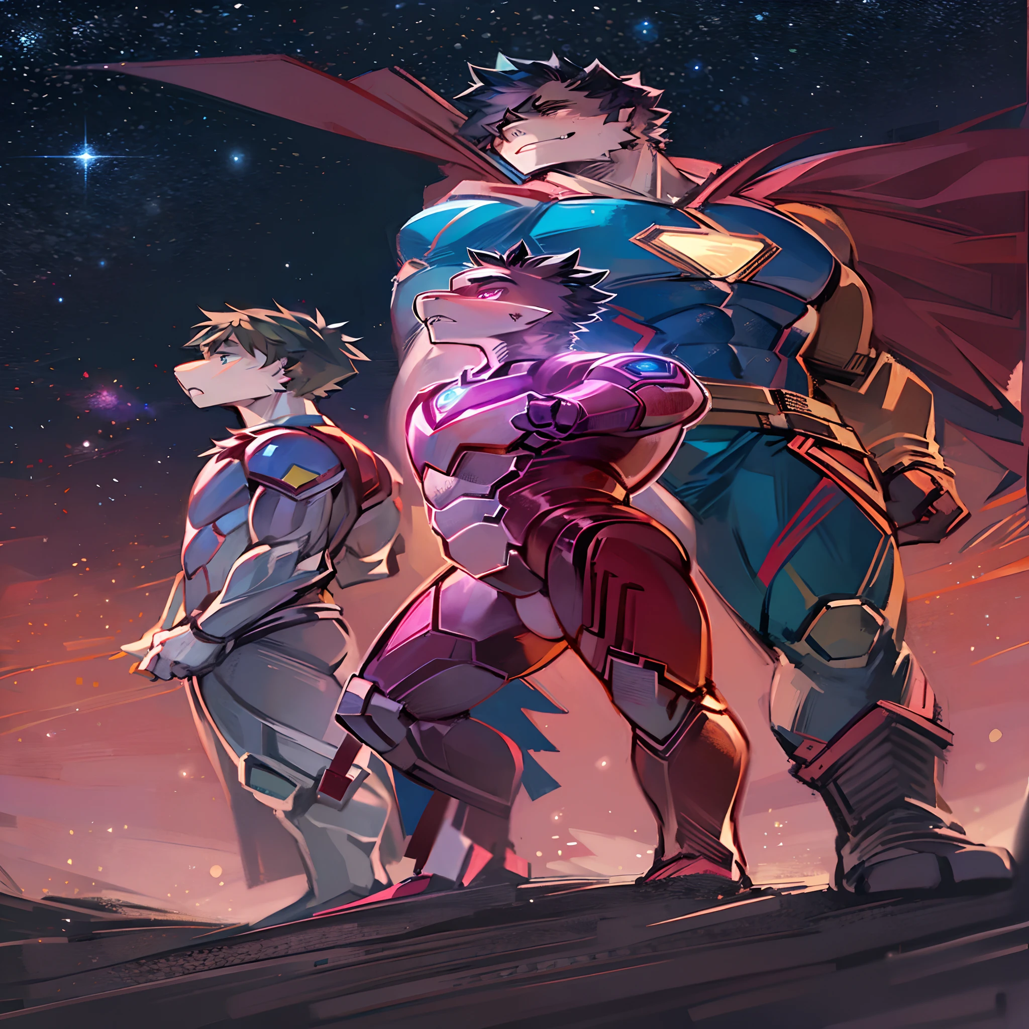 Three people，Iron Man、over-Tortoise Man，cool guy，They are all handsome，They are all cloaked in stealth，super heroes，They all wear armor，（Iron Man 1: blue hairs），（Superman 2: with short black hair），（Handsome 3:Black banged hair），Standing side by side on a planet，the night，The starry sky presents a beautiful scene of pink purple，The atmosphere is beautiful，