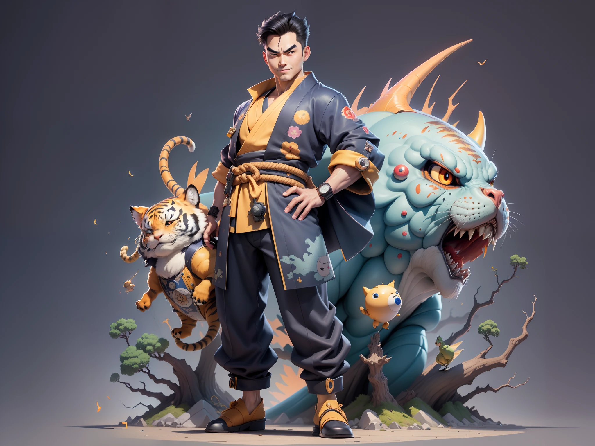 (Masterpiece), (Excellent), (Super Meticulous), (Full Body: 1.2), Super Young Man, Oriental Face, Japanese Kimono, Japanese Wind Thunder God, Dragon, Tiger, TV Anchor, Bust Portrait Illustration, Alone, Black Suit, Blue Tie, Slightly Chubby Face, Very Clean Face, No Beard, Black Super Short Hair, Black Eyes, Confident Smile, 3c Computer Sub-Products, iPad, iPhone, Digital Painting, 3D Character Design by Akira Toriyama and Mark Claireden and Pixar and Hayao Miyazaki, The illustration is a high-definition illustration in 4K resolution with very detailed facial features and cartoon-style visuals.