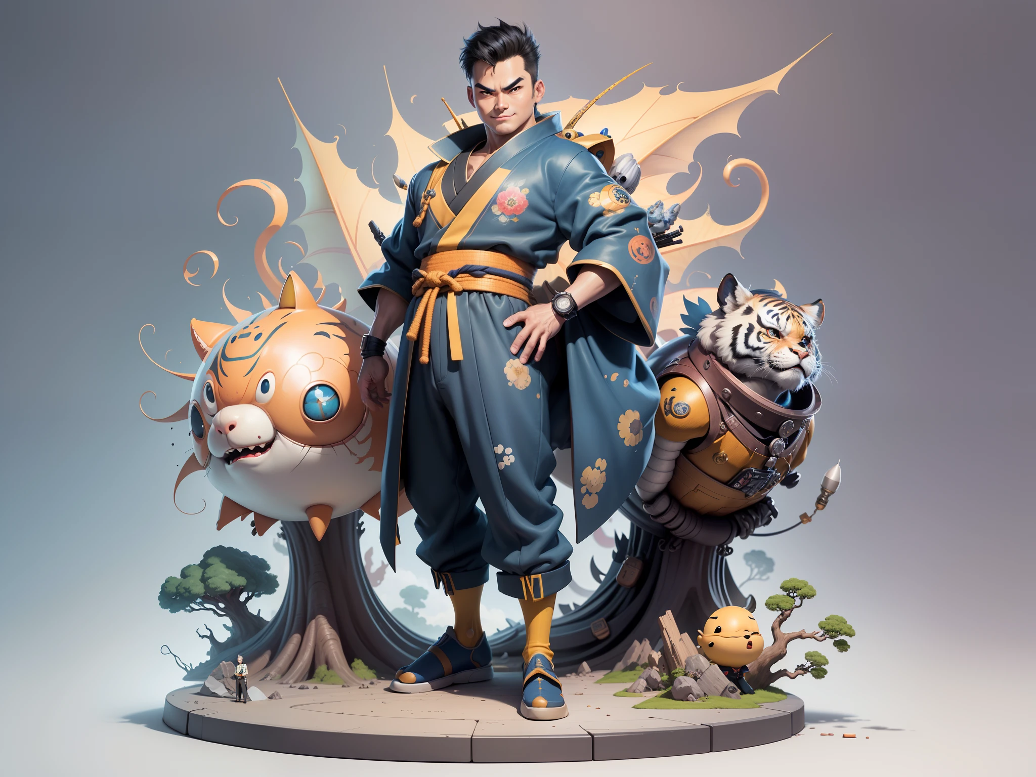 (Masterpiece), (Excellent), (Super Meticulous), (Full Body: 1.2), Super Young Man, Oriental Face, Japanese Kimono, Japanese Wind Thunder God, Dragon, Tiger, TV Anchor, Bust Portrait Illustration, Alone, Black Suit, Blue Tie, Slightly Chubby Face, Very Clean Face, No Beard, Black Super Short Hair, Black Eyes, Confident Smile, 3c Computer Sub-Products, iPad, iPhone, Digital Painting, 3D Character Design by Akira Toriyama and Mark Claireden and Pixar and Hayao Miyazaki, The illustration is a high-definition illustration in 4K resolution with very detailed facial features and cartoon-style visuals.