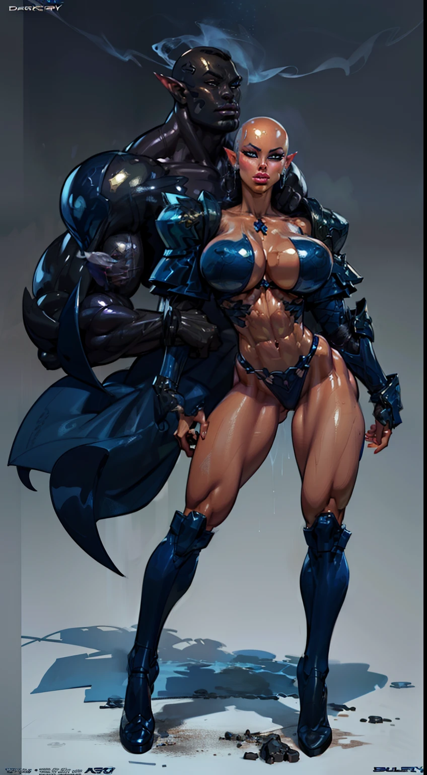 (((1girl:1.8))), ((bulky woman:1.5)) sehele style, anime style, (((dark elf))) (((darkblue skin:1.6))) and (rocky skin texture) (((smoldering eyes))), ((bald:1.4)), no hair, ((no hair)), 8k, 4k, Unreal Engine 5, octane render, trending on pixiv, ((huge shoulder pads:1.7)) fanbox, skeb, (((white glittering armor))), masterpiece, ((8 pack abs:1.2)),(pressed breasts:1.4), (full bodied), wide hips, (full lips:1.5), smooth soft skin, big dreamy eyes, beautiful intricate, anime wide eyes, soft lighting, concept art, digital painting,