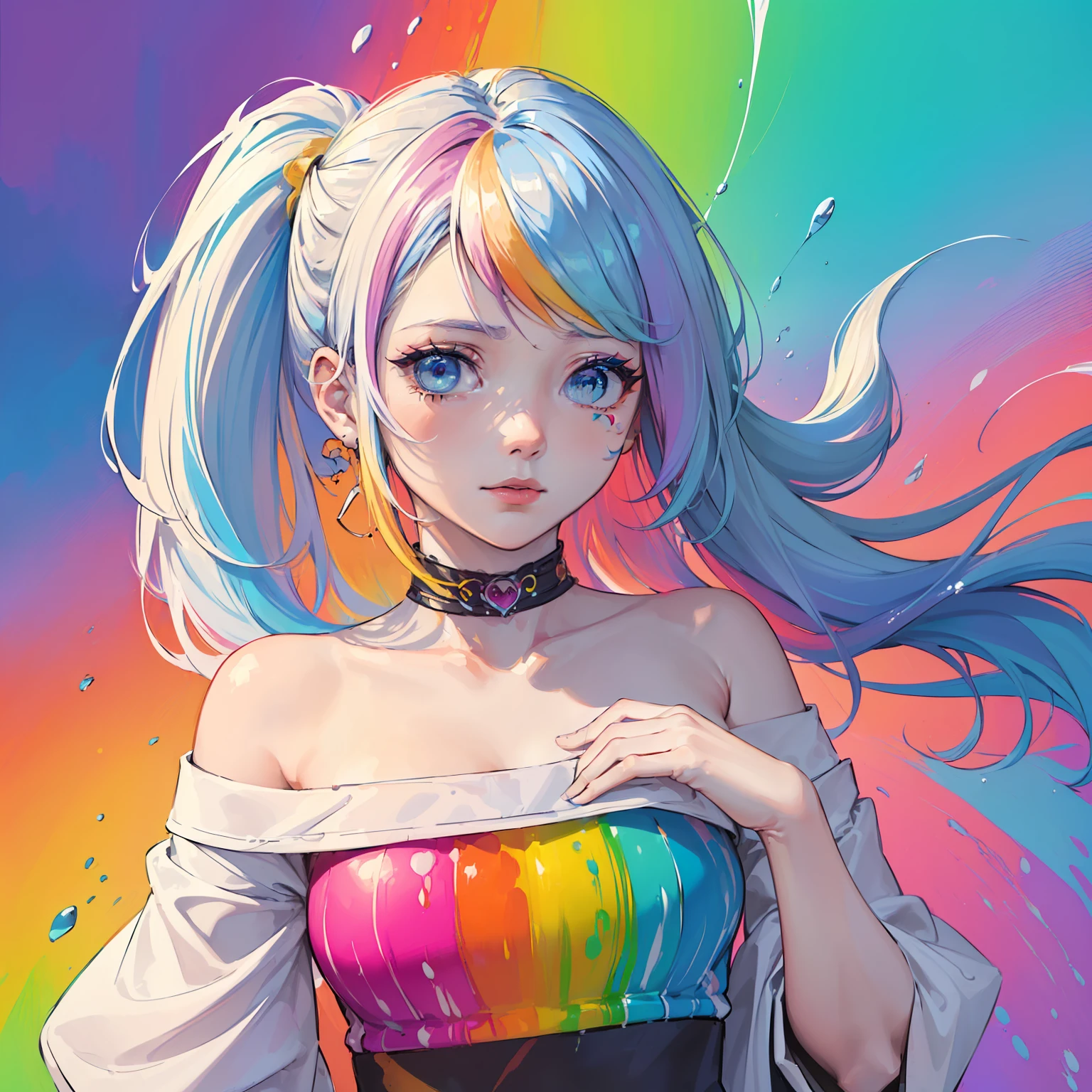 (Pink Fashion T-shirt:1.9),(Colorful hair pigtail: 1.8), (all the colours of the rainbow: 1.8),(((((vertical painting:1.6))), (painting:1.6),front, comics, illustrations, paintings, large eyes, crystal clear eyes,( rainbow color gradient high pigtail:1.7), exquisite makeup, closed mouth,(Small Fresh: 1.5),(Wipe Chest: 1.6) ,long eyelashes, white off shoulder T-shirt, White Shoulder Shirt,looking at the audience, full body, large watery eyes, (rainbow colored hair:1.6), color splash, (solo:1.8), color splash, color explosion, thick paint style, messy lines, ((shining)),(colorful), (colorful), (colorful), colorful, Thick Paint Style, (Splash) (Color Splash), Vertical Painting, Upper Body, Paint Splash, Acrylic Pigment, Gradient, Paint, Highest Image Quality, Highest Quality, Masterpiece, Solo, Depth of Field, Face Paint, colorful clothes, (Elegant: 1.2), gorgeous,long hair, pigtail, wind, (Elegant: 1.3), (Petals: 1.4),(((masterpiece))),(((best quality))),((ultra-detailed)),(illustration),(dynamic angle),((floating)),(paint),((disheveled hair)),(solo),(1girl) , (((detailed anima face))),((beautiful detailed face)),collar,bare shoulders,white hair, ((colorful hair)),((streaked hair)),beautiful detailed eyes,(Gradient color eyes),(((colorful eyes))),(((colorful background))),(((high saturation))),(((surrounded by colorful splashes))),