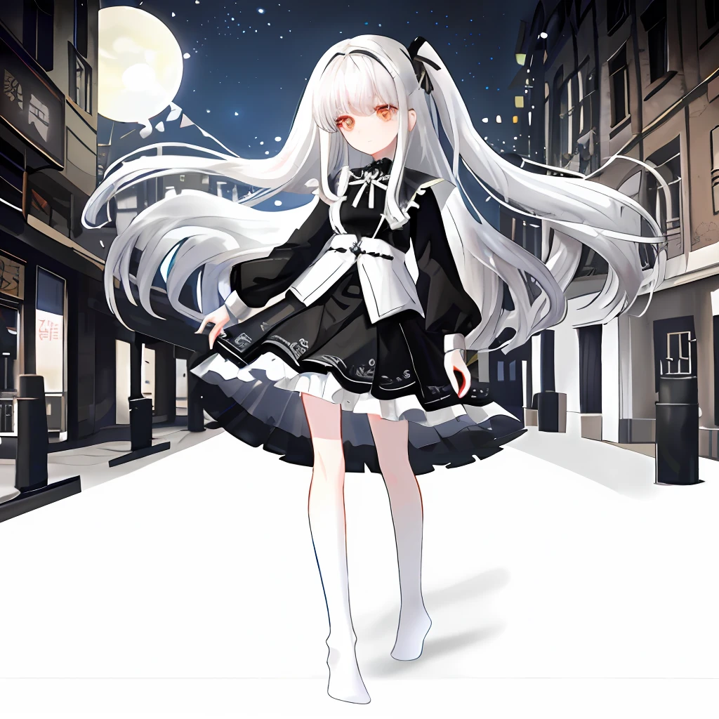 Silver eye, Silver hair, long whitr hair, blacksilk,a skirt,daily life,Small stature,without wearing shoes