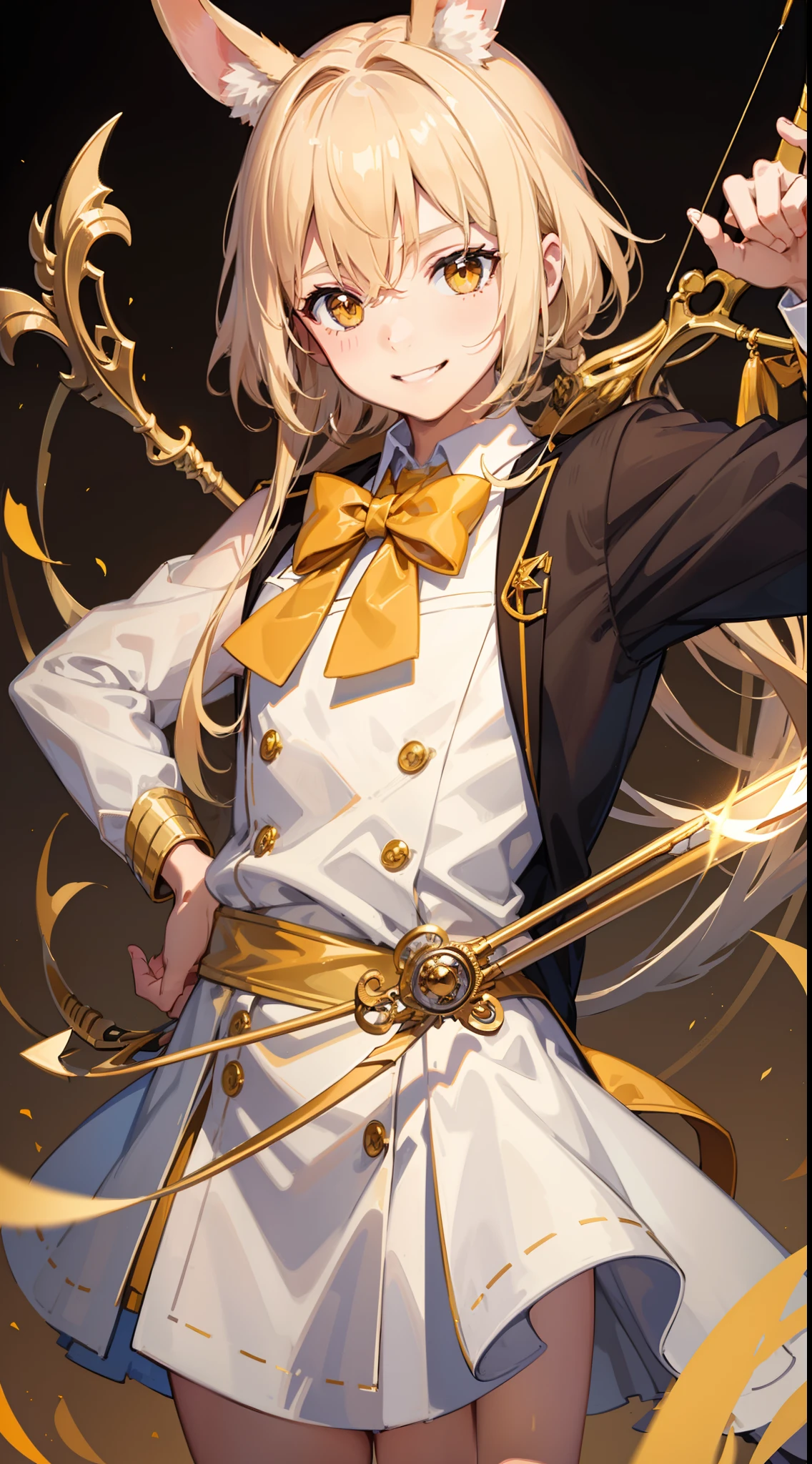 Young guy, blonde hair with brown strands, Yellow eyes, brown rabbit ears, Smile, Bow and arrow, Masterpiece, hiquality