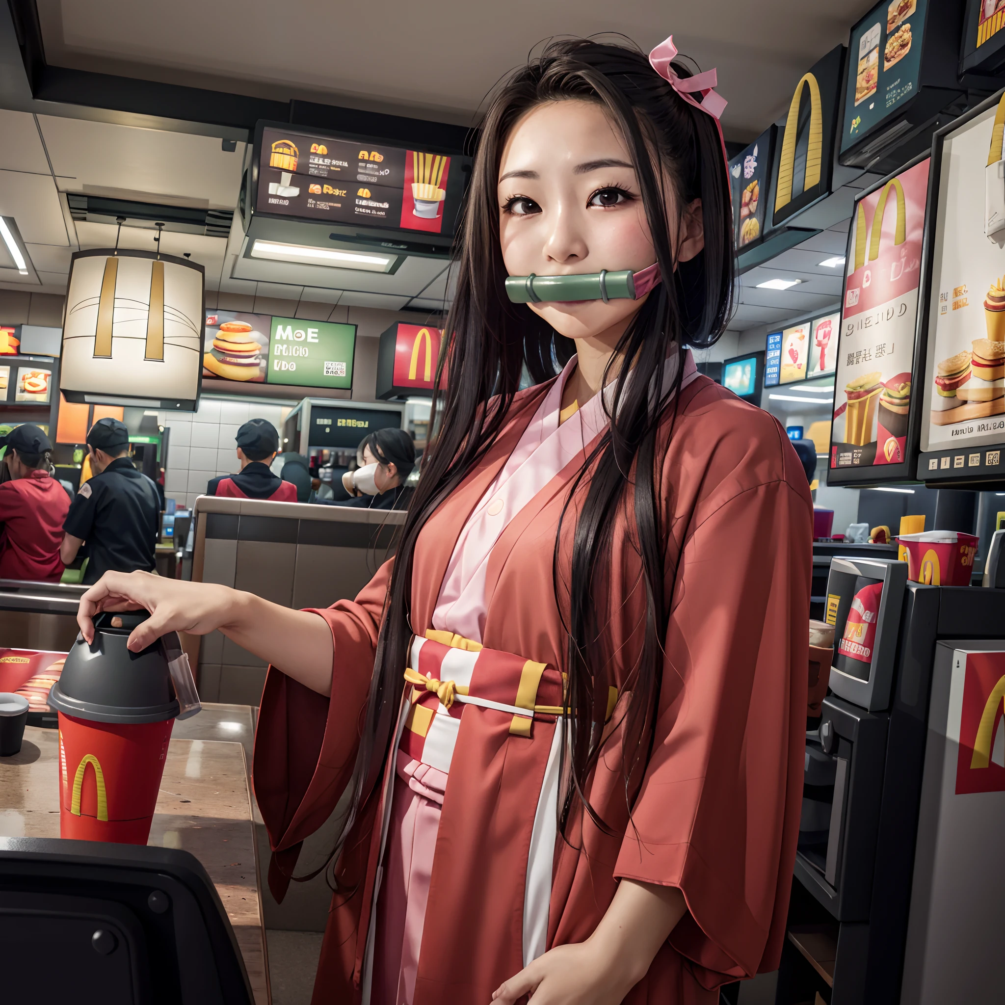 ​masterpiece、(Photorealsitic:1.5)、foco nítido,realisticeyes、Asian Women、top-quality、beautiful  lighting、profetional lighting、photon maping、Radio City、physically-based renderingt、 Plump McDonald's cash register, mcdonalds, Kamado Nezuko, ((Nezuko Kamado, People who work at McDonald's)), ((1girl in)), A dark-haired, brow, Hair Ribbon, Komono, Kimono, The long-haired, O cabelo multicolorido, Pink eyes, Pink kimono, Pink ribbon, bow ribbon, Very long hair, bit gag, ((Bamboo gagged)), (Raw photography、8KUHD、film grains), Rim lighting, looking at the viewers, seducting smile, 电影灯光, sweats streamed skin, red blush