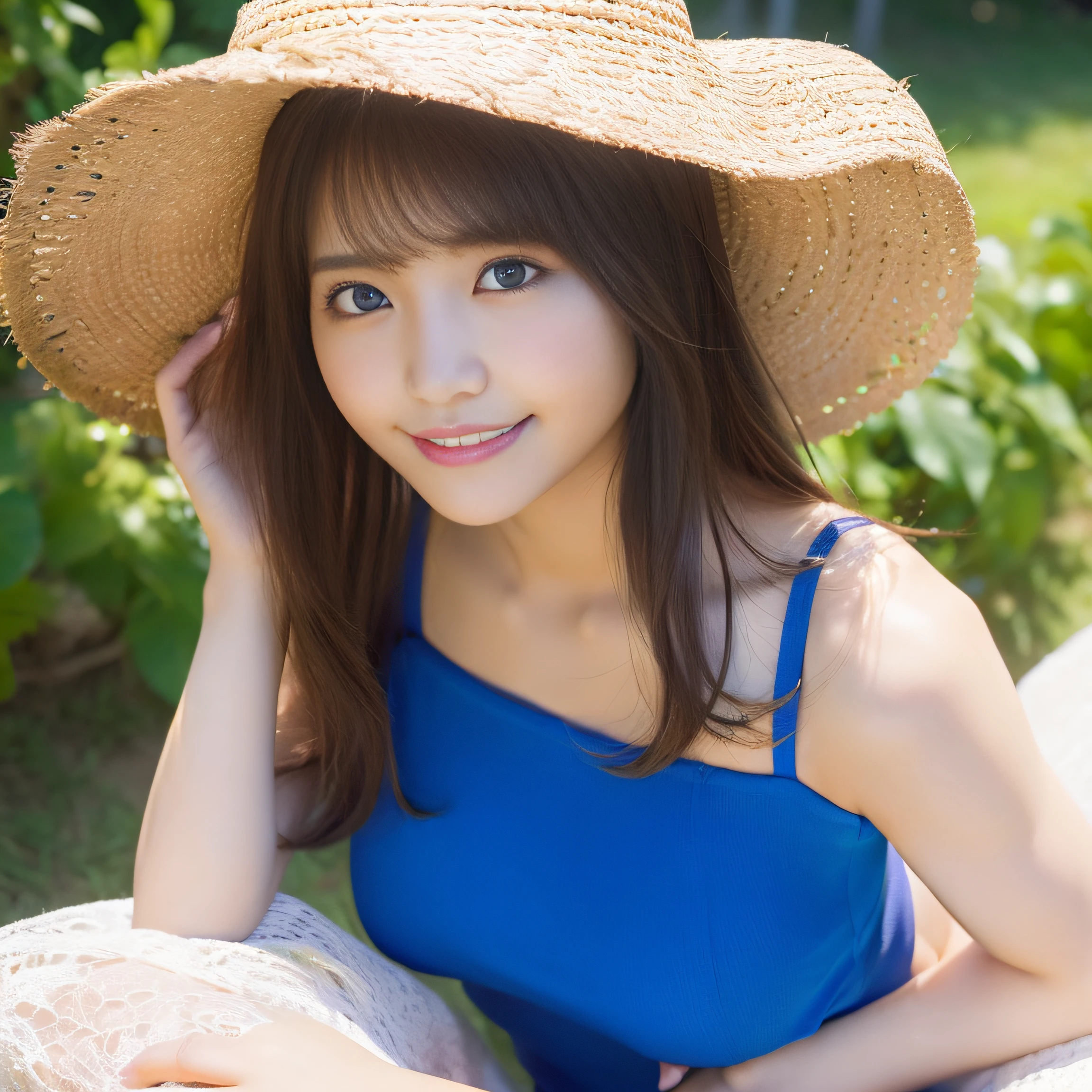 8K、(realisitic、Photorealsitic:1.37)、(masterpiece:1.2)、(top-quality:1.4)、(超A high resolution:1.2)、(RAW Photography:1.2)、(foco nítido:1.3)、(facefocus:1.2)、(full bodyesbian:1.5)、(full body Esbian:1.2)、(30-years old:1.5)、1girl, (solo:1.5), long hair, upper body, (one-piece dress:1.3), (straw hat:1.3), outdoor,smile, blue sky, (happy smail:1.3)、 landscapes, Hillwith a good view、beautiful finely detailed eyes, Look at viewers, (cute little),nogizaka、middlebreast、thighs thighs thighs thighs、backshots