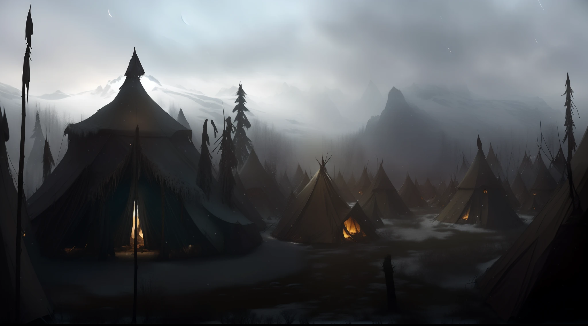 d n d fantasy, darkness covers the land, huge primitive tribe encampment, night time, trees:0, no trees, snow covered winter landscape filled with primitive tents, warriors warming by campfires, heavy fur clothing, primitive tribe members, open arctic background, snow falling from the sky, moon with trailing debris in the sky casting shadows. wide angle view