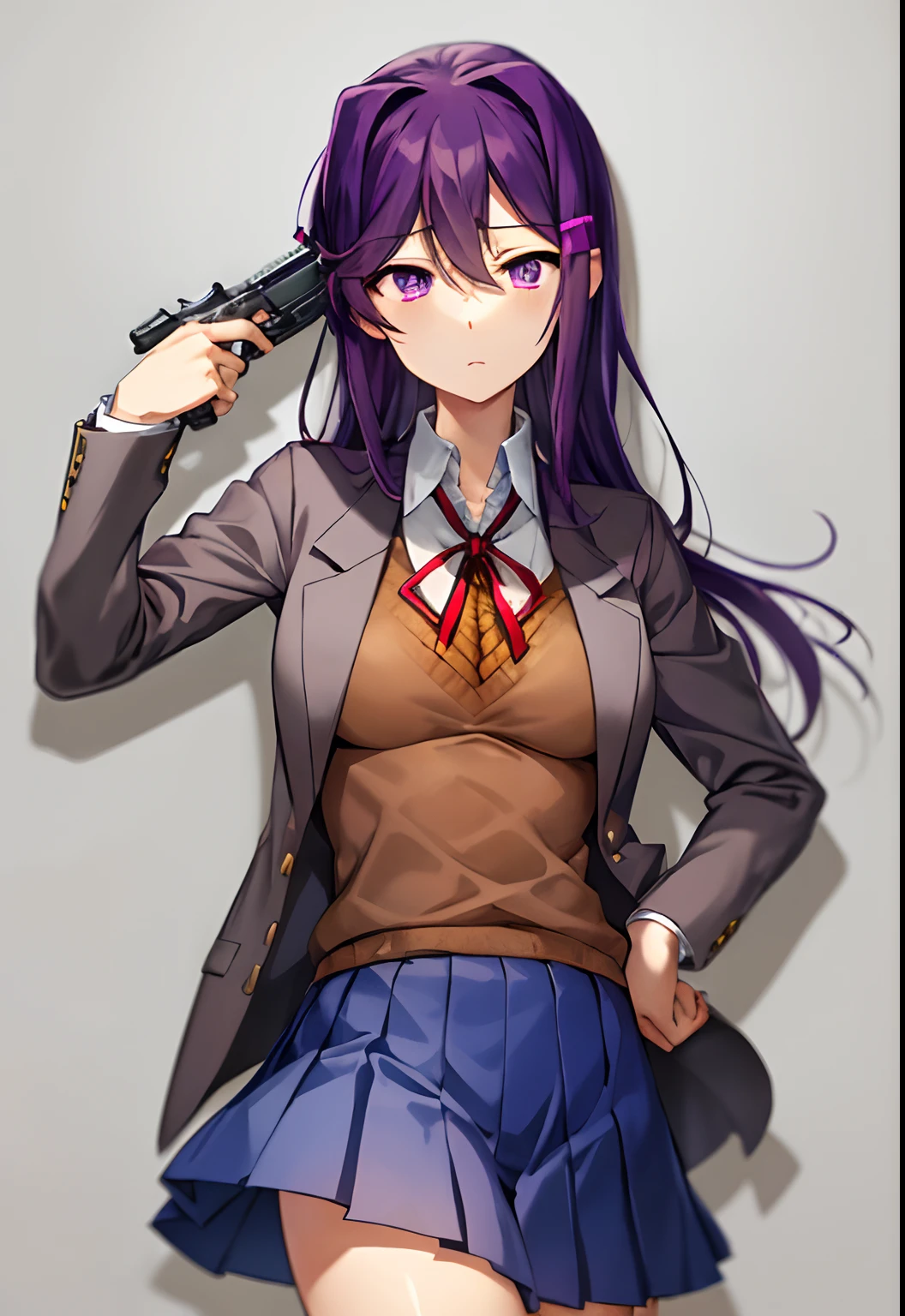 masterpiece, best quality, g2h, gun to head, handgun, holding gun, cowboy shot, 1girl, yuri, purple eyes, purple hair, hair between eyes, hairclip, blazer, school uniform, brown sweater, collared shirt, neck ribbon, blue skirt, sad, expressionless