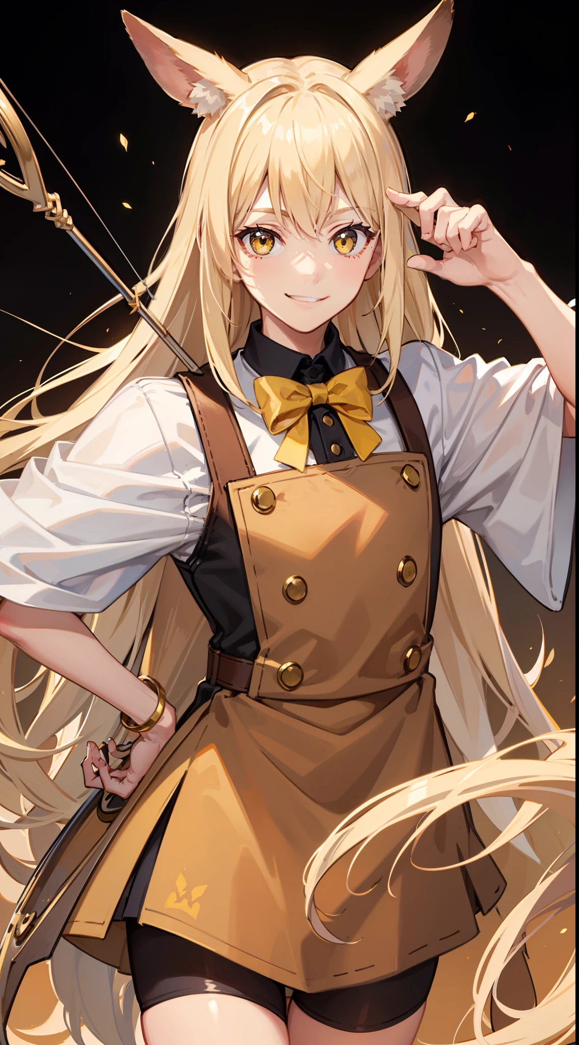 Young guy, blonde hair with brown strands, Yellow eyes, brown rabbit ears, Smile, Bow and arrow, Masterpiece, hiquality