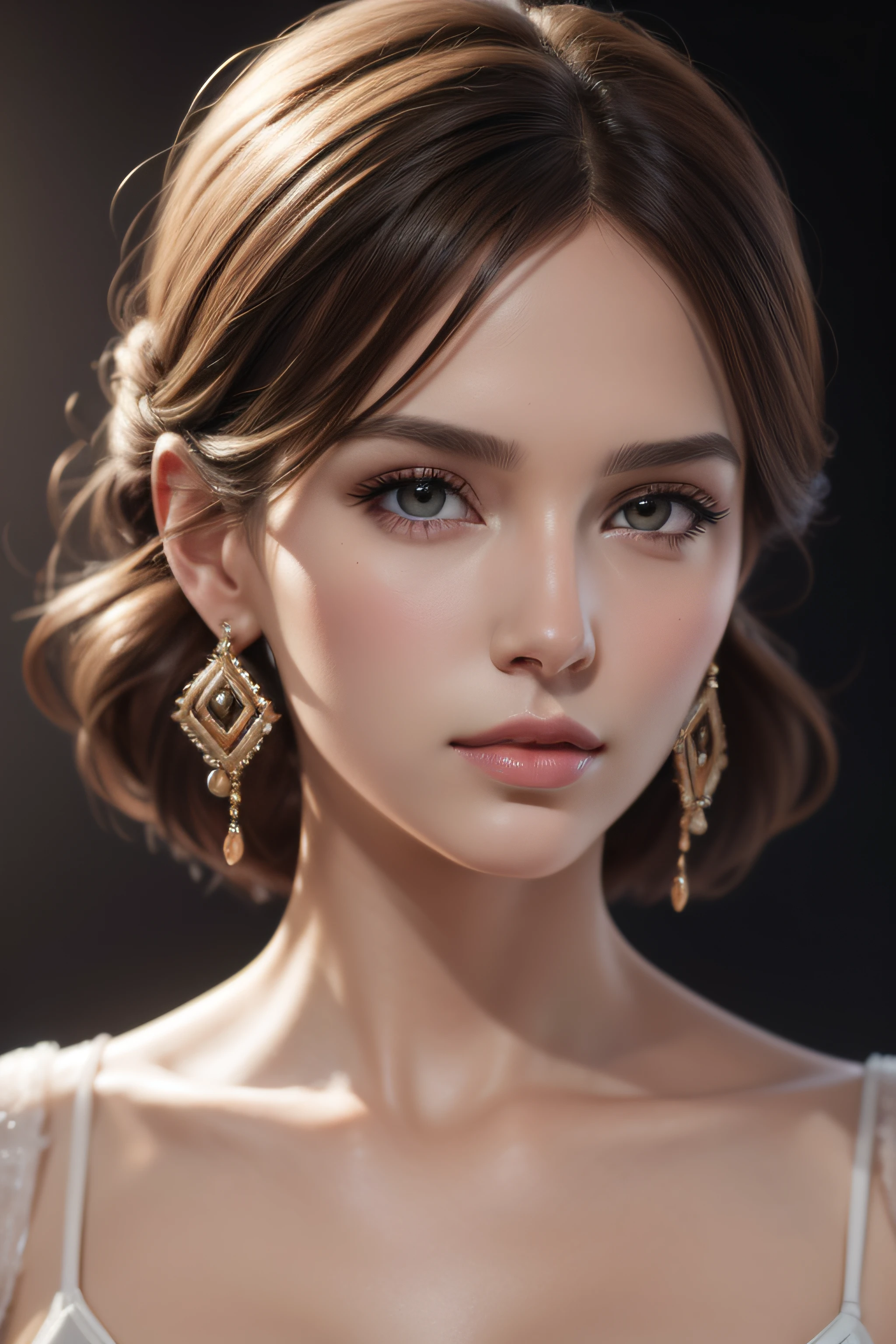 A pretty woman, delicate features directed gaze, Earrings,concept art, digital painting, illustration, 8k, studio lighting