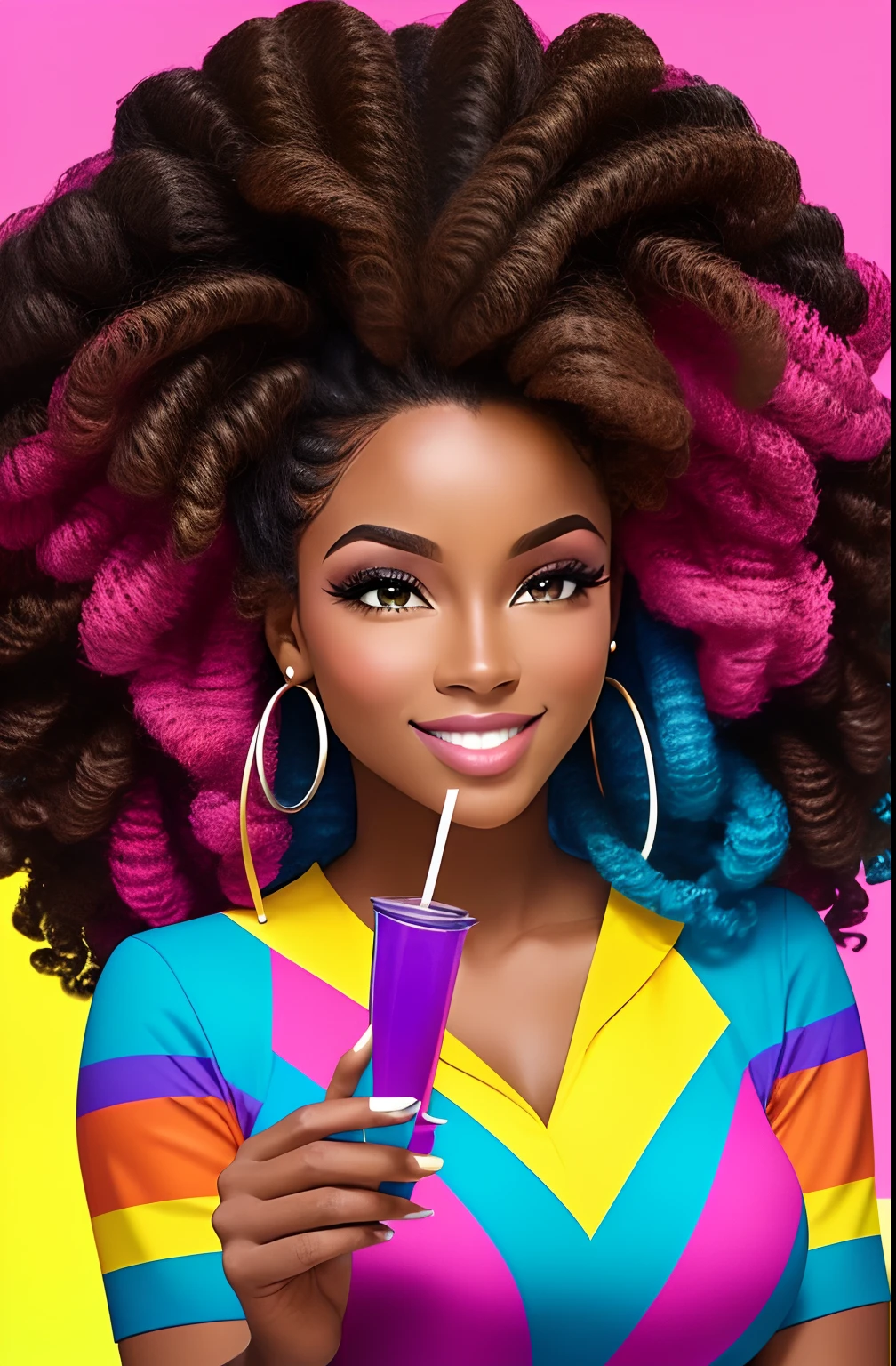 (A BEAUTIFUL BLACK WOMAN, HAPPY HAIR, VERY CURLY AND VOLUMINOUS, WITH THE TIPS LIGHT, WITH A GOOD CUP OF COFFEE COMING OUT SMOKE IN HER HAND;, Beautiful cup ,Coloridas ,pink and blue and yellow WRITTEN WE COOFFE IN THE CUP ), Eduardo Kobra ,Romero Brito,The Filling Twins ,multidimensional geometric wall PORTRAIT, arte, Chibi,
Yang08k, lindo, Colouring,
Primary works, qualidade superior, melhor qualidade, Arte Oficial, Beautiful and Aesthetic, 128 mil