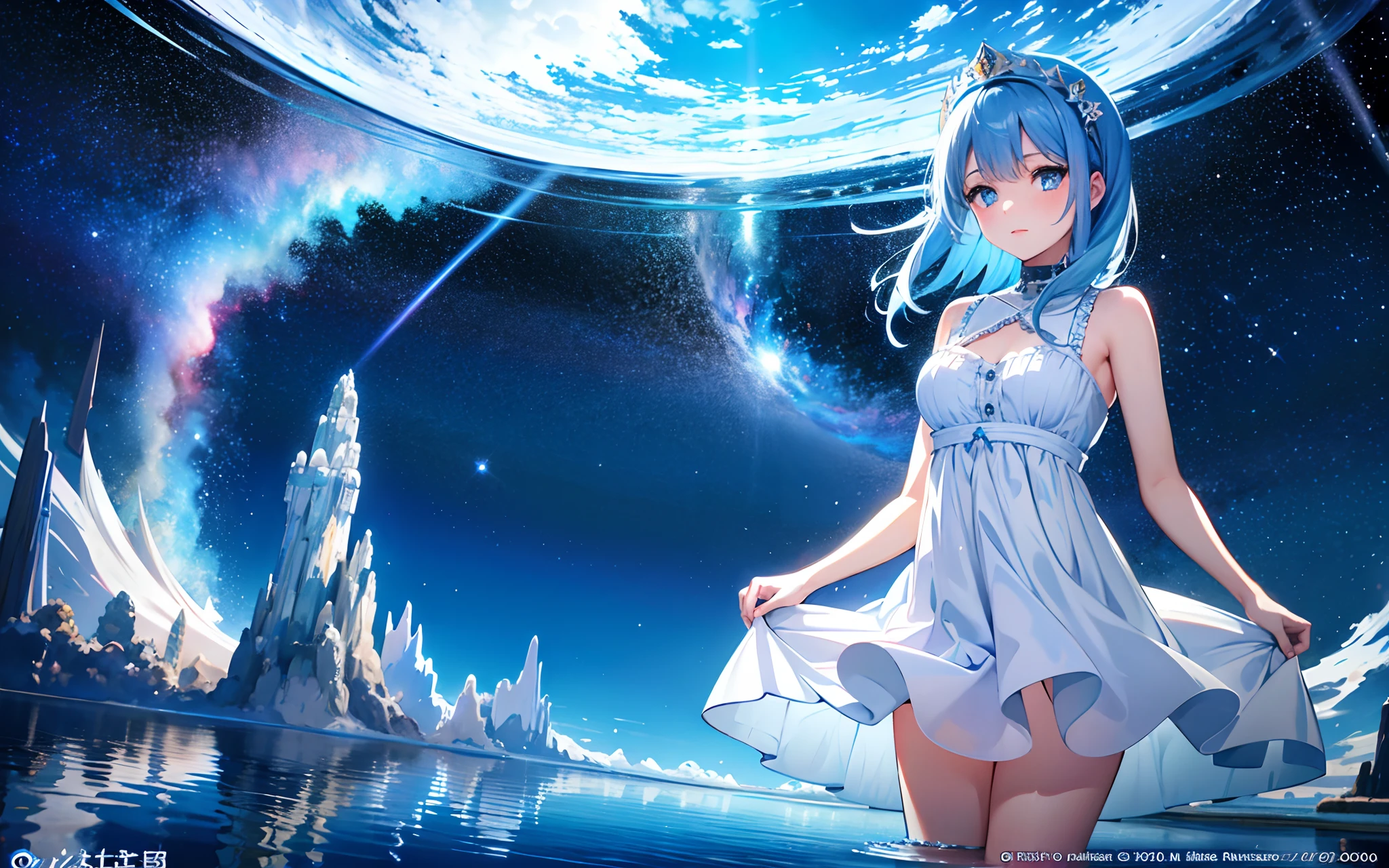 absurdres, highres,, (official art, beautiful and aesthetic:1.2), 
1girl, blue hair, middle hair, blue eyes, shining eyes, 
white long dress, Blue Frill,
blue sky, Sparkling Galaxy, (Salar de Uyuni:1.2),
(Surrealism:1.15), (fractal art:0.3),
water effects, ripple effects, (flower effects:0.65), light effects,