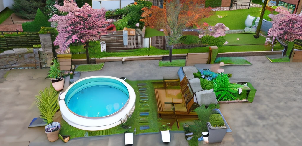 a view of a small pool in a garden with a lot of trees, realistic garden, 3d landscape, 3 d landscape, isometric view!!!!, 3 d scene, 3d scene, render 3 d, 3d render, 3 d render, 3d finalrender, 3 d finalrender, garden environment, 3 d design, 3d design, 3d rendering