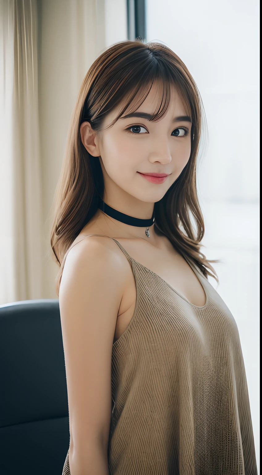 ((Best picture quality, 8K, tmasterpiece:1.3)), 1girll, (Casual hairstyle, No leakage of big breasts:1.2), shift dresses:1.1, Ultra-fine face, A detailed eye, 二重まぶた，ssmile，Home，nose hook，office room，laptop，rays of sunshine，perfect bodies，Self-confident，cheerfulness，choker necklace，enthusiasm，self-assured，Place your hands behind your back，